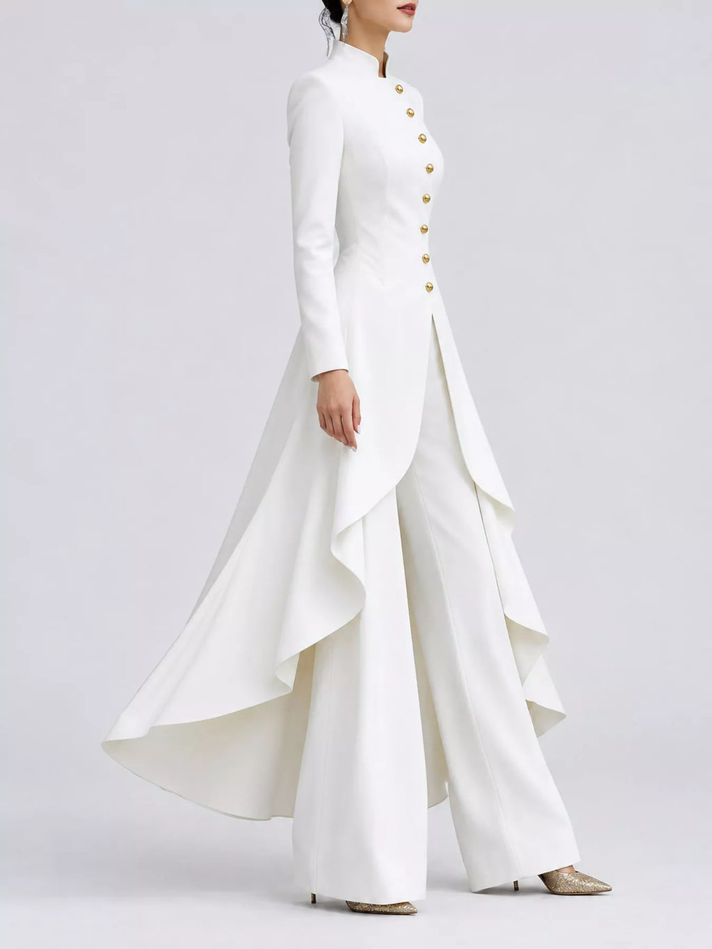 Ruffled High-Low Button Tunic & Wide-Leg Pants Set in White by Belle Bijouix – view 7 of 82