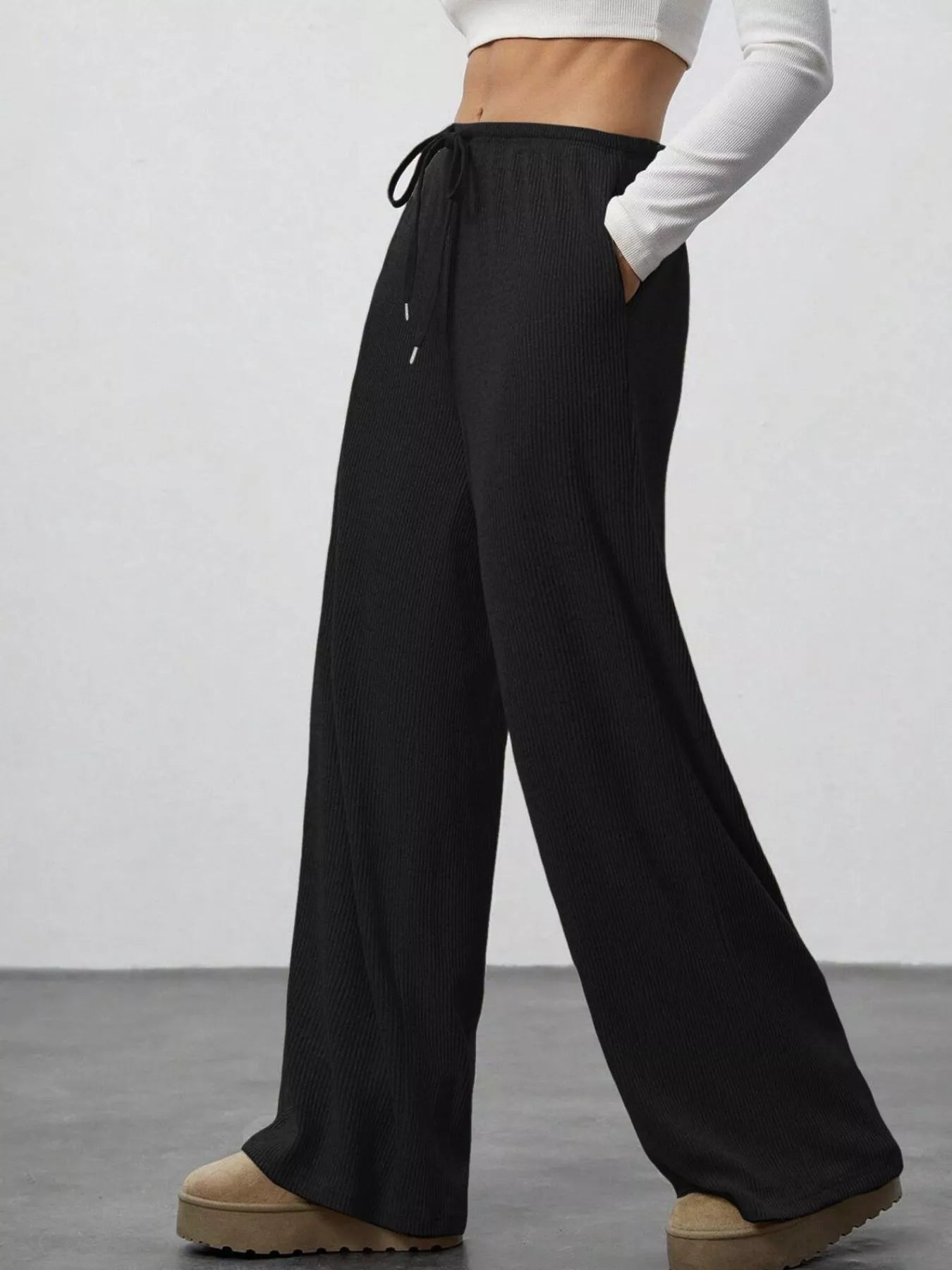 Relaxed Fit Drawstring Pants, black ribbed joggers with pockets.