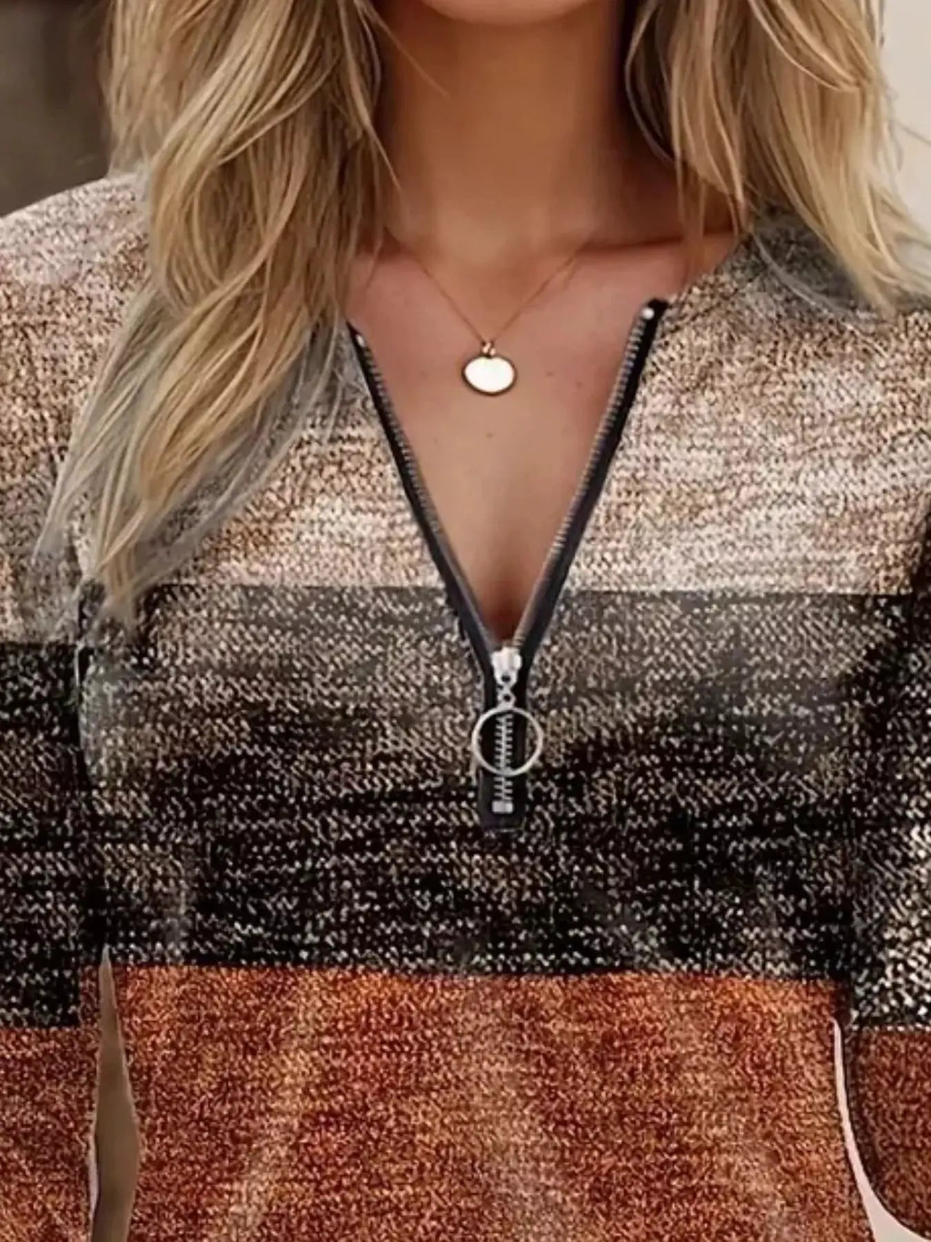 Quarter Zip Color Block Top in beige gray rust knit with front zipper and ring pull, Belle Bijouix