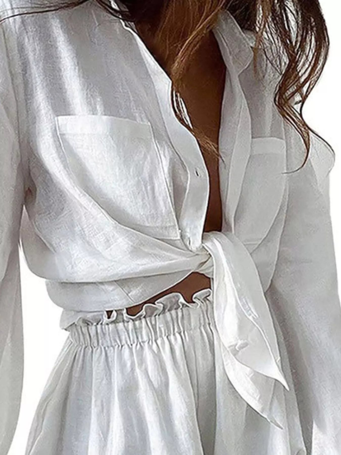 Trendsi button-up long-sleeve shirt and shorts set in white with tie-front shirt and elastic-waist shorts
