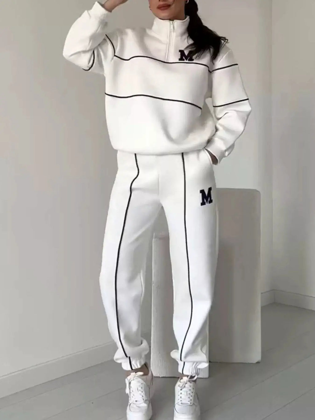 Full Size Striped Quarter Zip Top and Pants Set Plus Size in white with black piping; 2-piece activewear