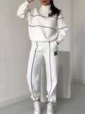 Full Size Striped Quarter Zip Top and Pants Set Plus Size in white with black piping; 2-piece activewear