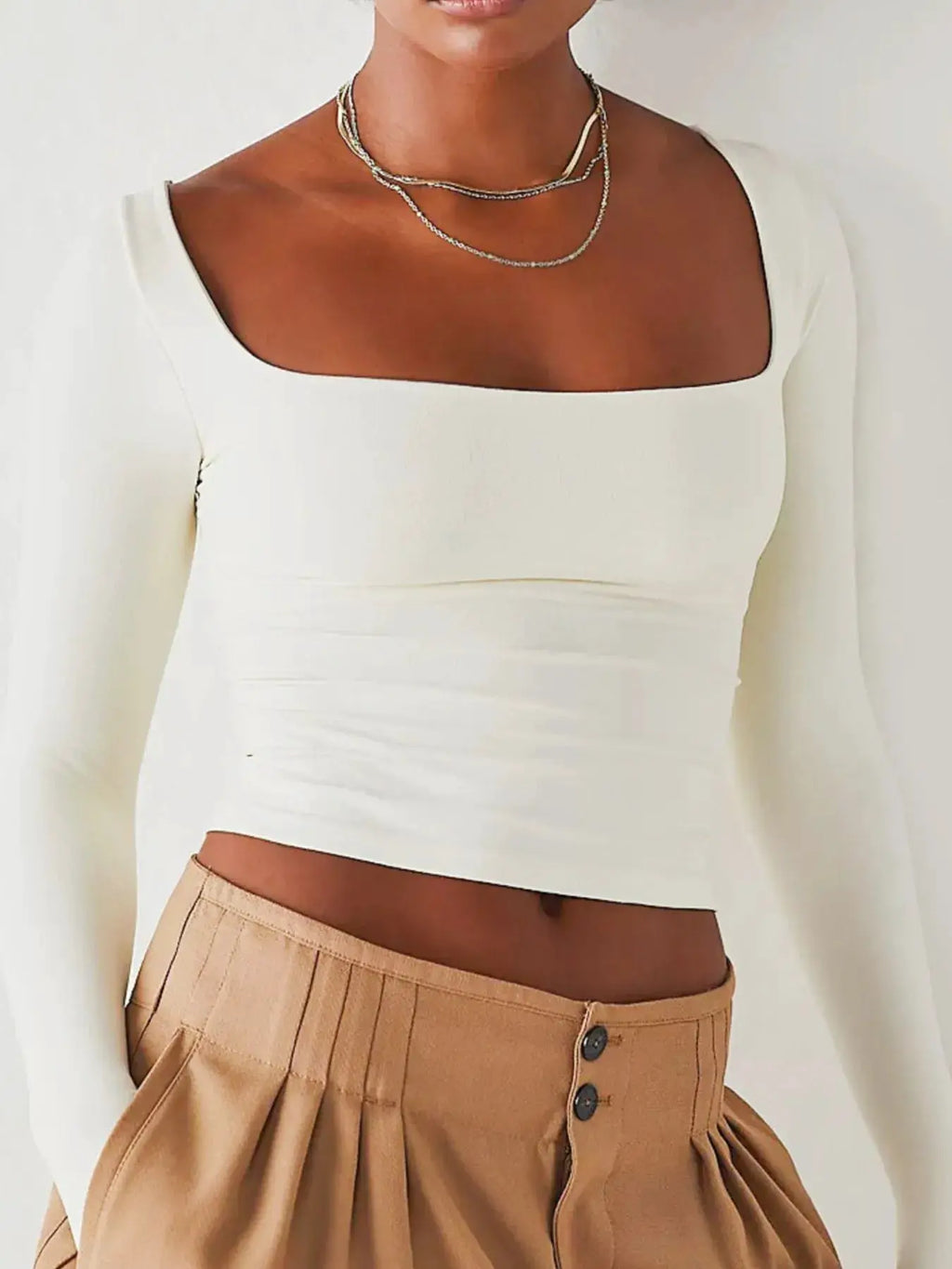 Square Neck Fitted Long Sleeve T-Shirt in white, cropped top