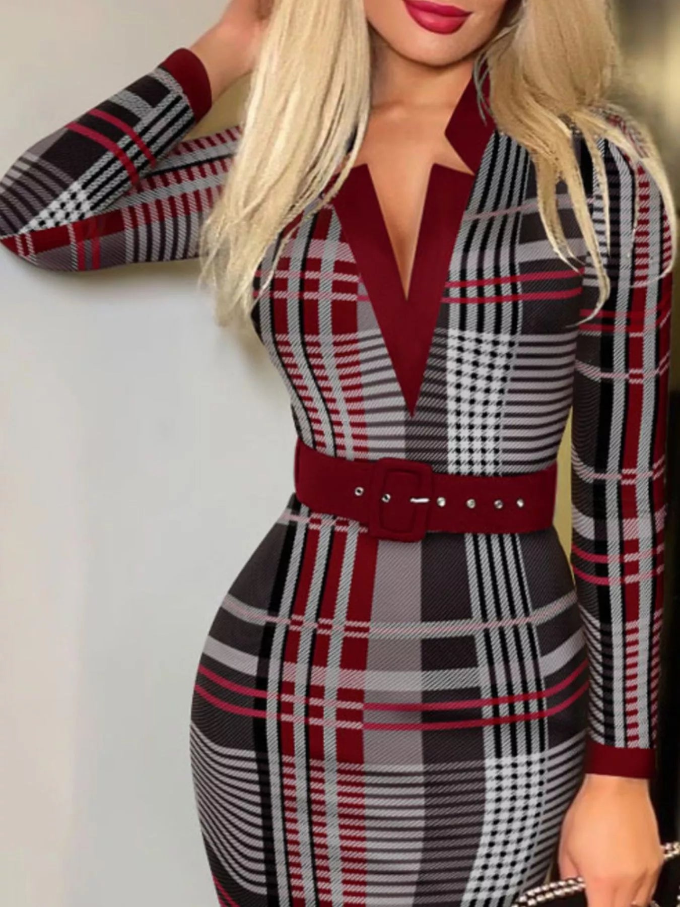 Full Size Notched Long Sleeve Dress Plus Size, belted plaid in red, black and white, Belle Bijouix