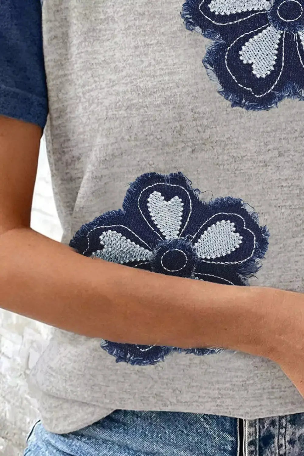 Floral Raglan Sleeve T-Shirt, gray heather body with navy denim floral patches and blue raglan sleeves