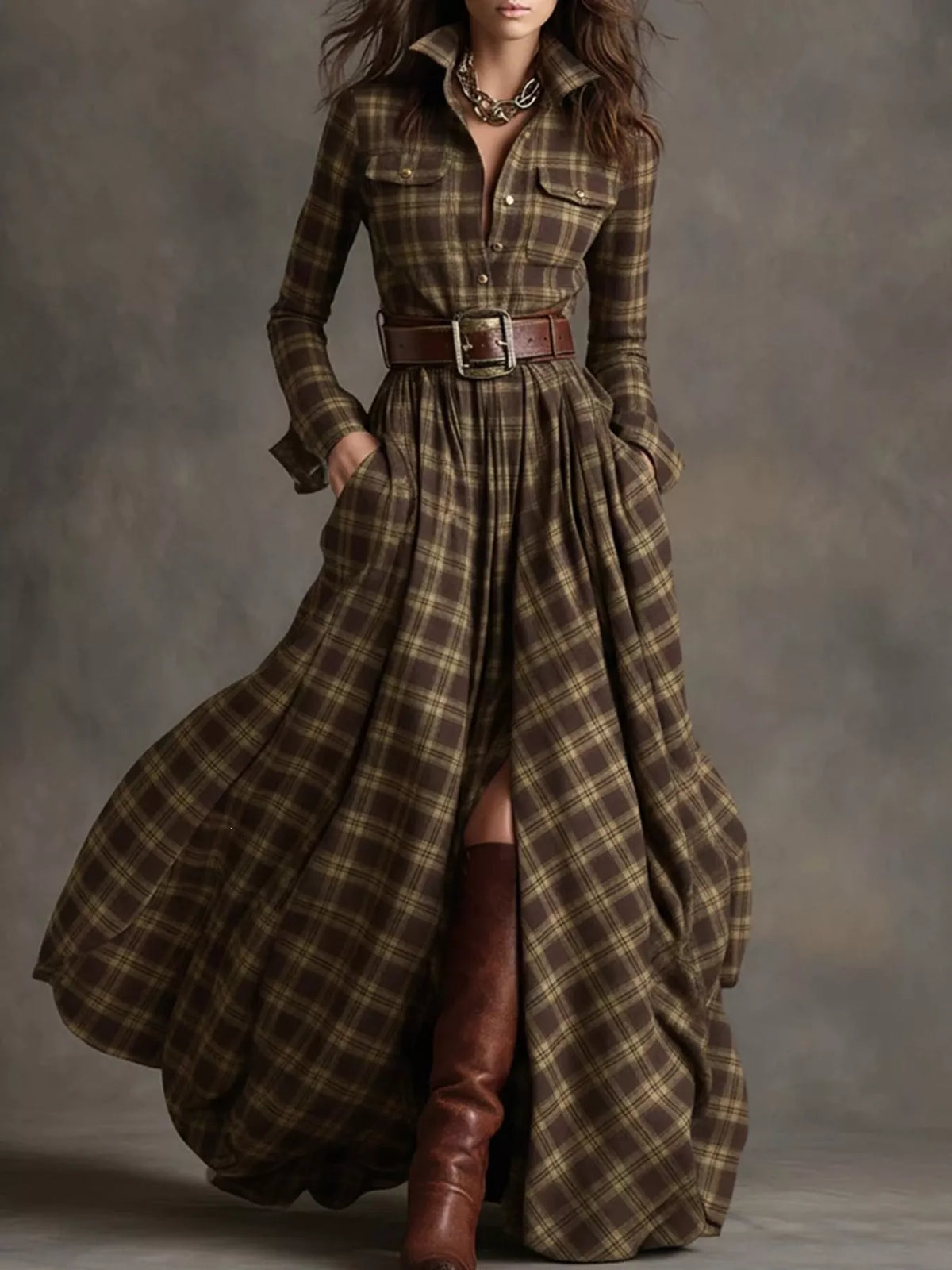 Belted Plaid Button-Down Maxi Shirt Dress in Coffee Small Check by Belle Bijouix – view 13 of 27