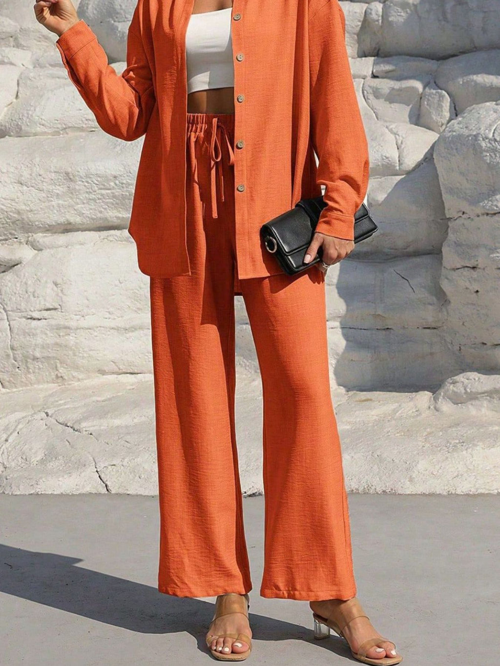 Button-Up Long Sleeve Shirt and Pants Set in orange; drawstring-waist wide-leg pants.