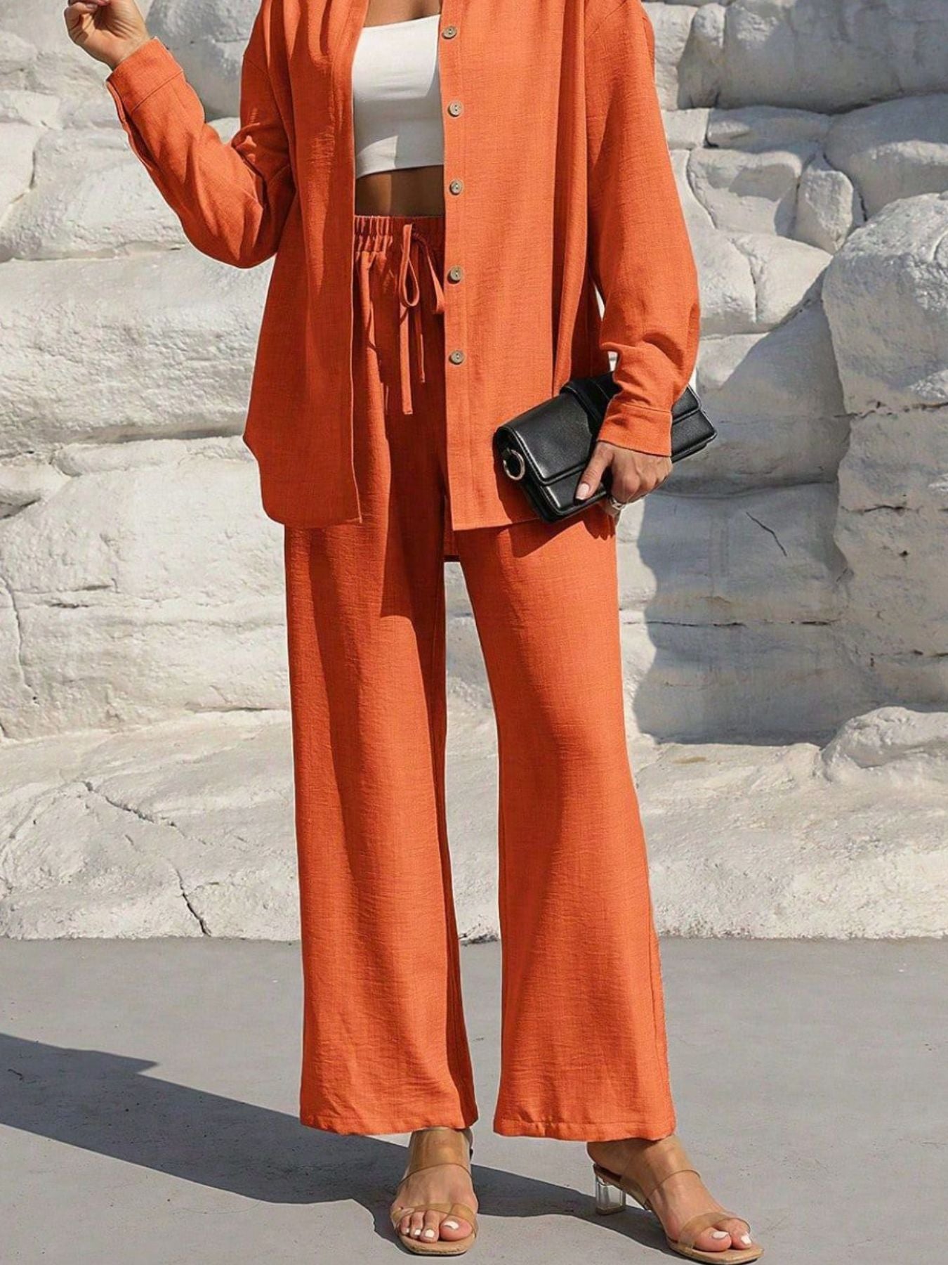 Button-Up Long Sleeve Shirt and Pants Set in orange; drawstring-waist wide-leg pants.
