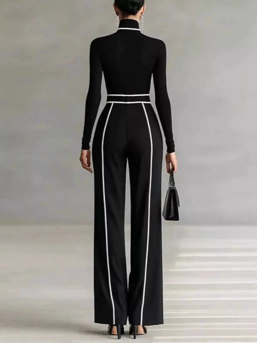 Turtleneck Long Sleeve Top and Contrast Pants Set in black with white piping by Trendsi.