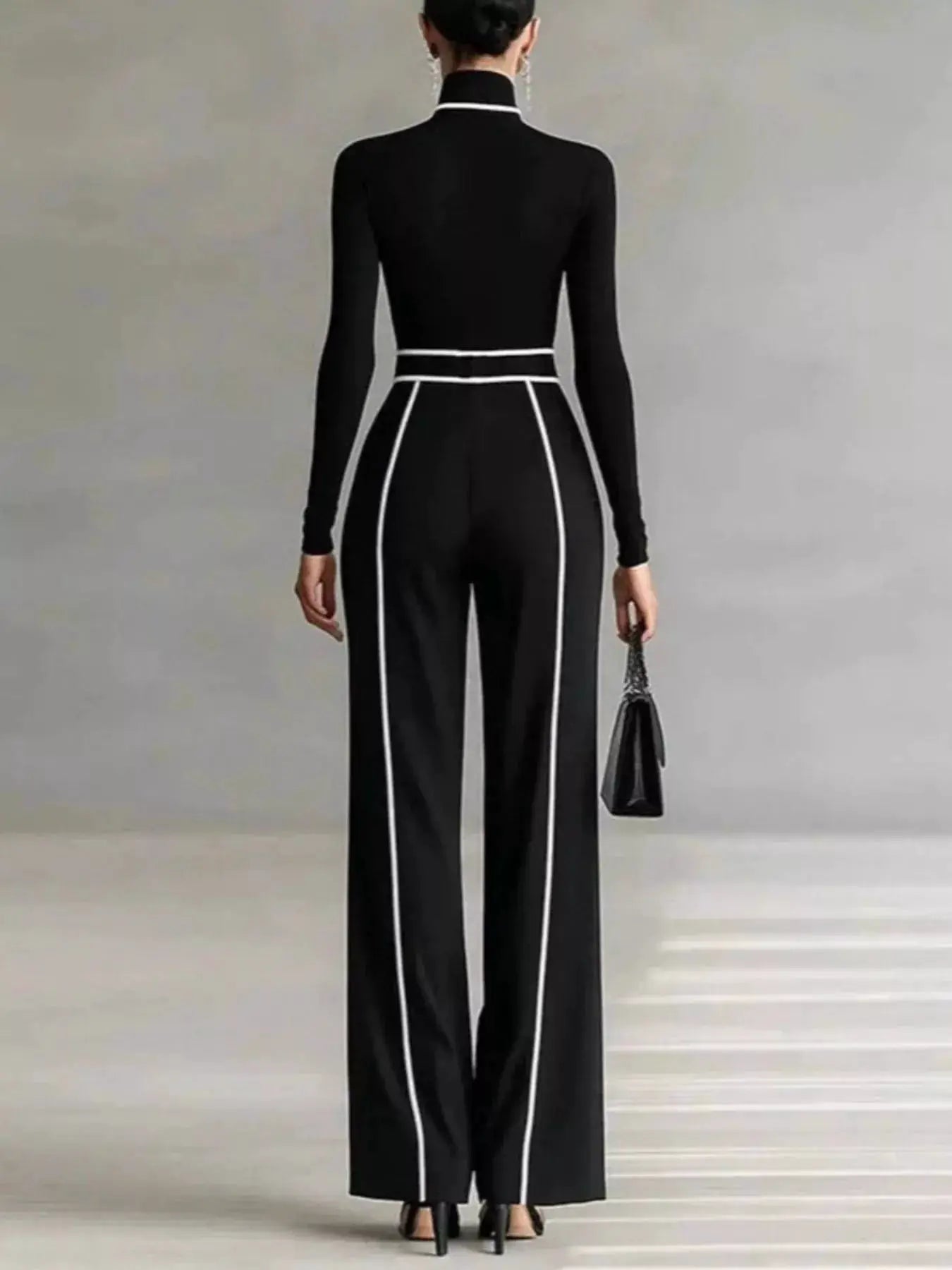 Turtleneck Long Sleeve Top and Contrast Pants Set in black with white piping by Trendsi.