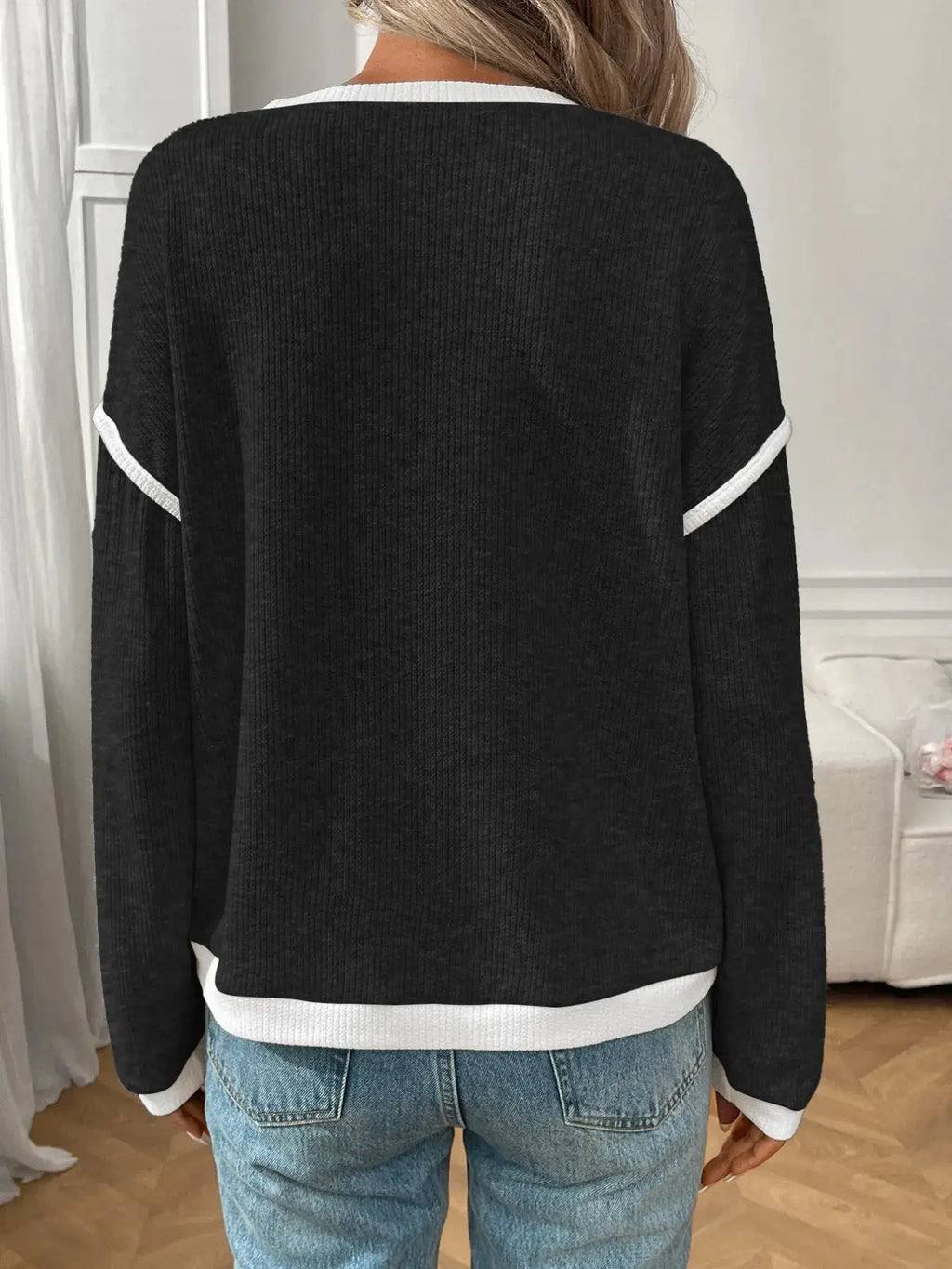 Ribbed Contrast Trim Long Sleeve Top by Belle Bijouix, black with white cuffs and hem