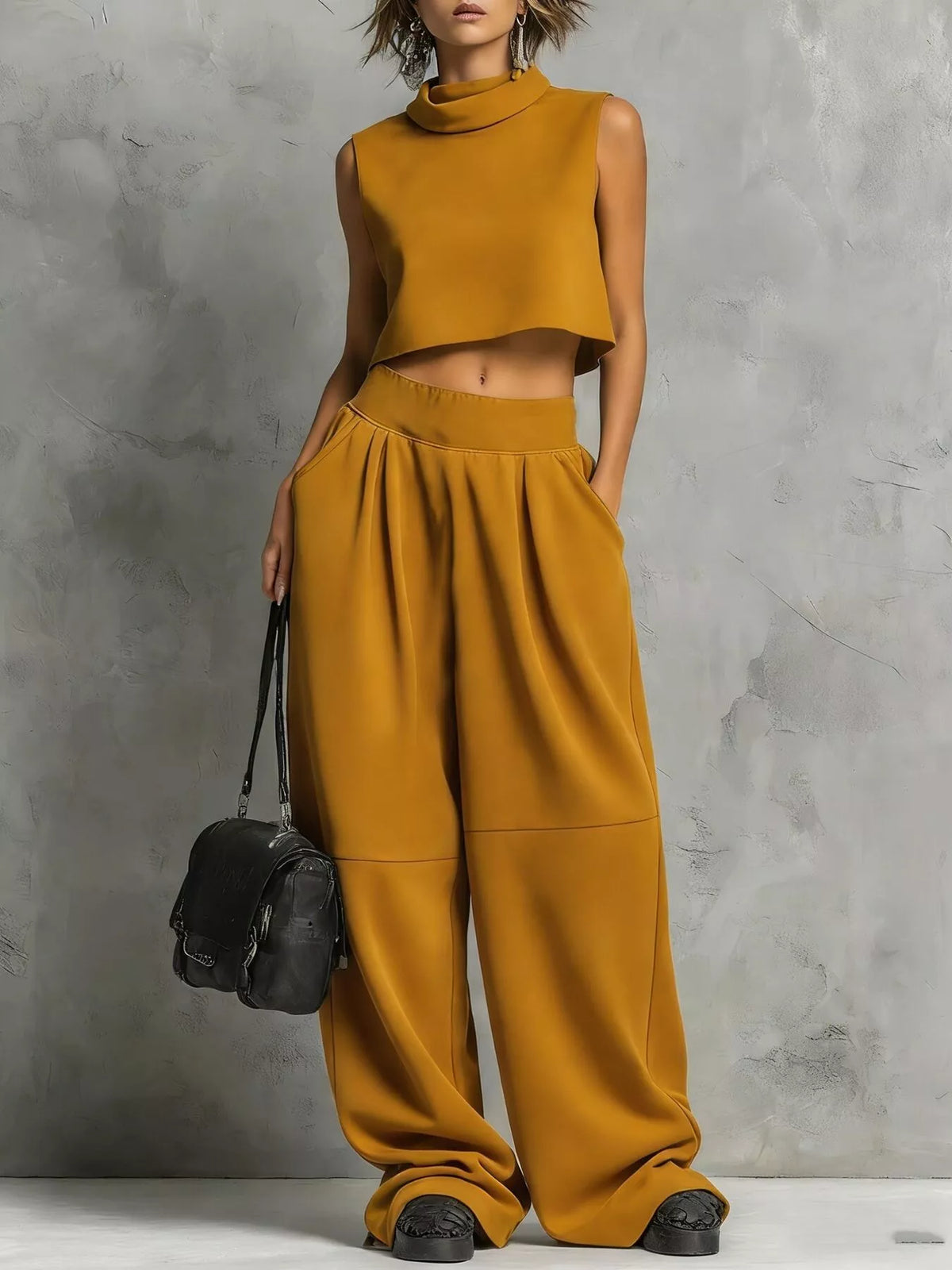 Mock Neck Crop Top & Wide-Leg Sweatpants Set