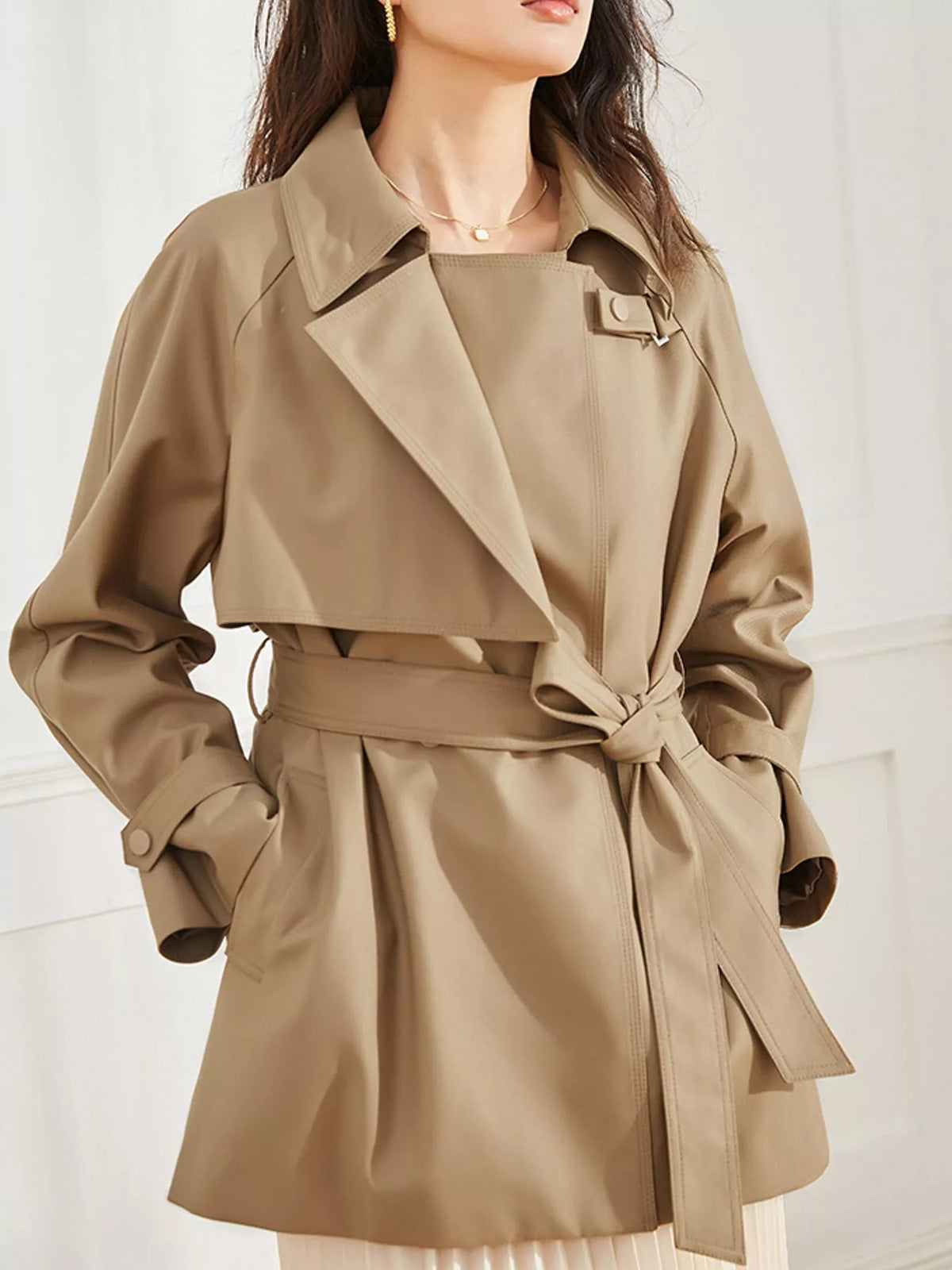 Double-Breasted Tie-Waist Short Trench Coat in Khaki by Belle Bijouix – view 17 of 20