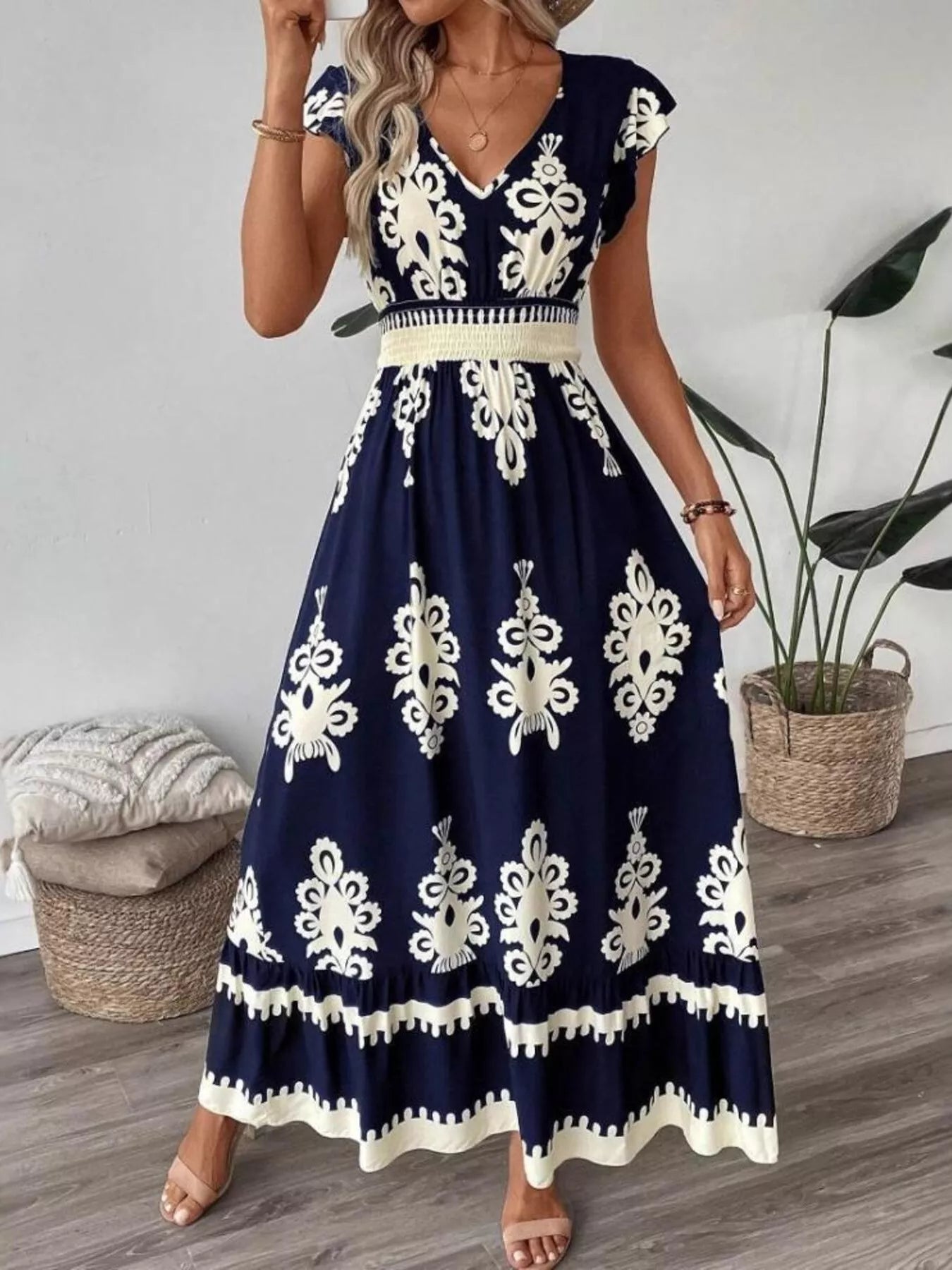 Printed V-Neck Ruffled Cap-Sleeve Dress by Belle Bijouix, navy with white embroidered pattern and smocked waist