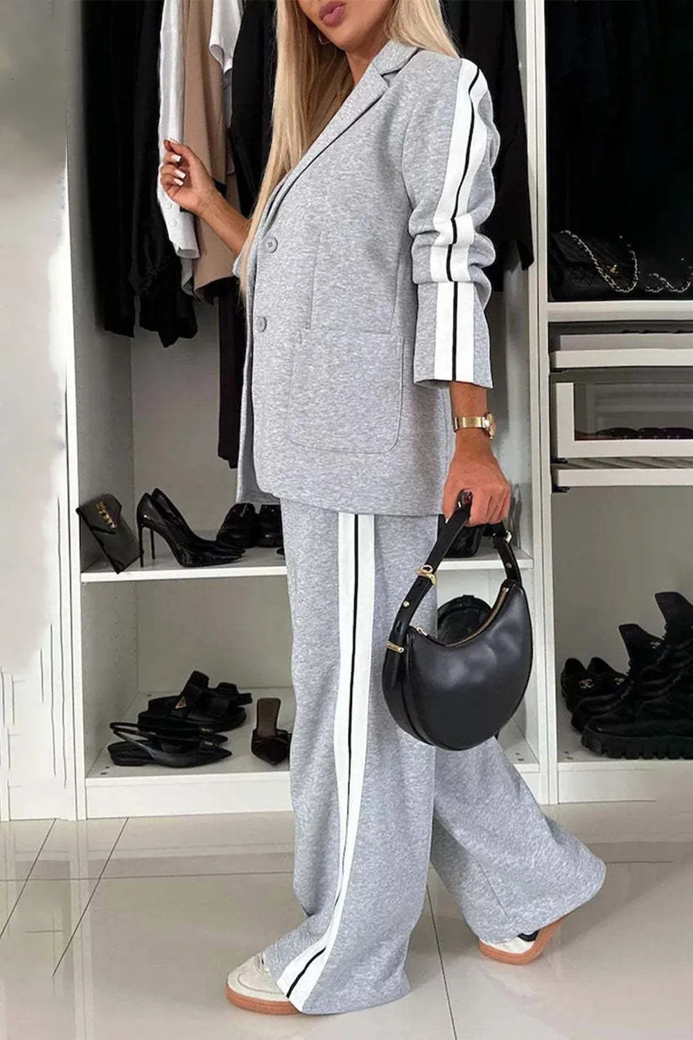 Full-size contrast lapel collar top and pants set in heather gray with white side stripes, buttoned pockets.