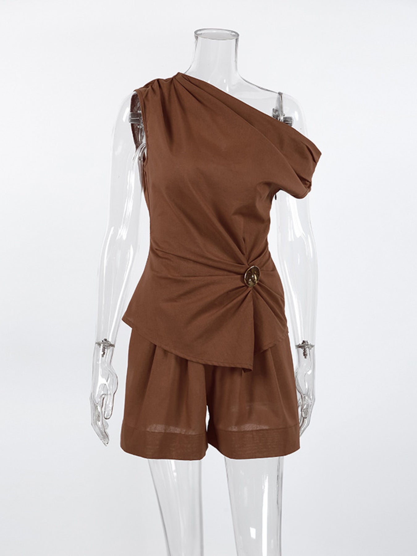 One-Shoulder Top and Shorts Set by Belle Bijouix, brown two-piece outfit with ruched, asymmetrical design and waist-button detail
