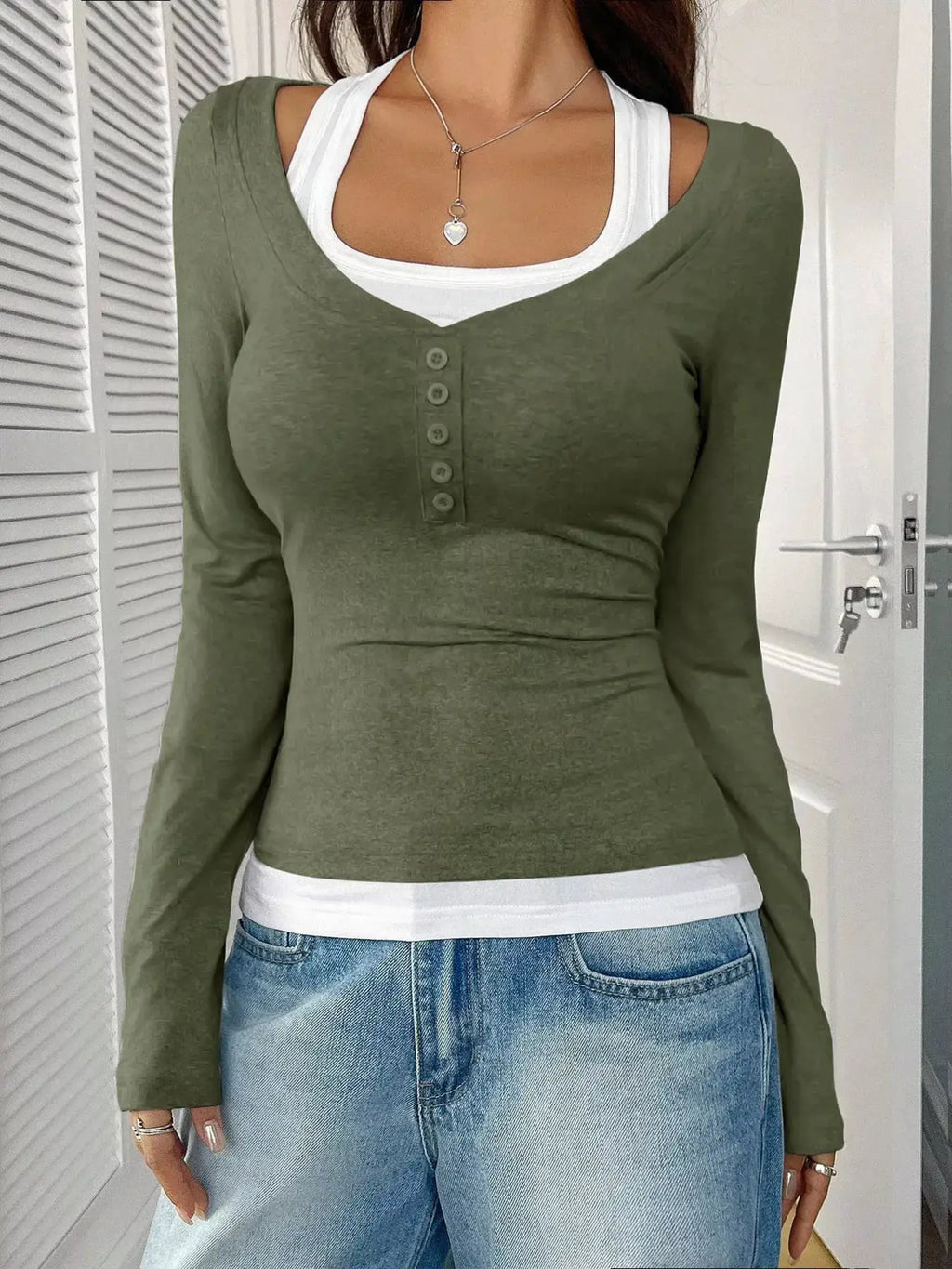 Scoop Neck Long Sleeve T-Shirt in olive green with front button placket, layered over a white tank.