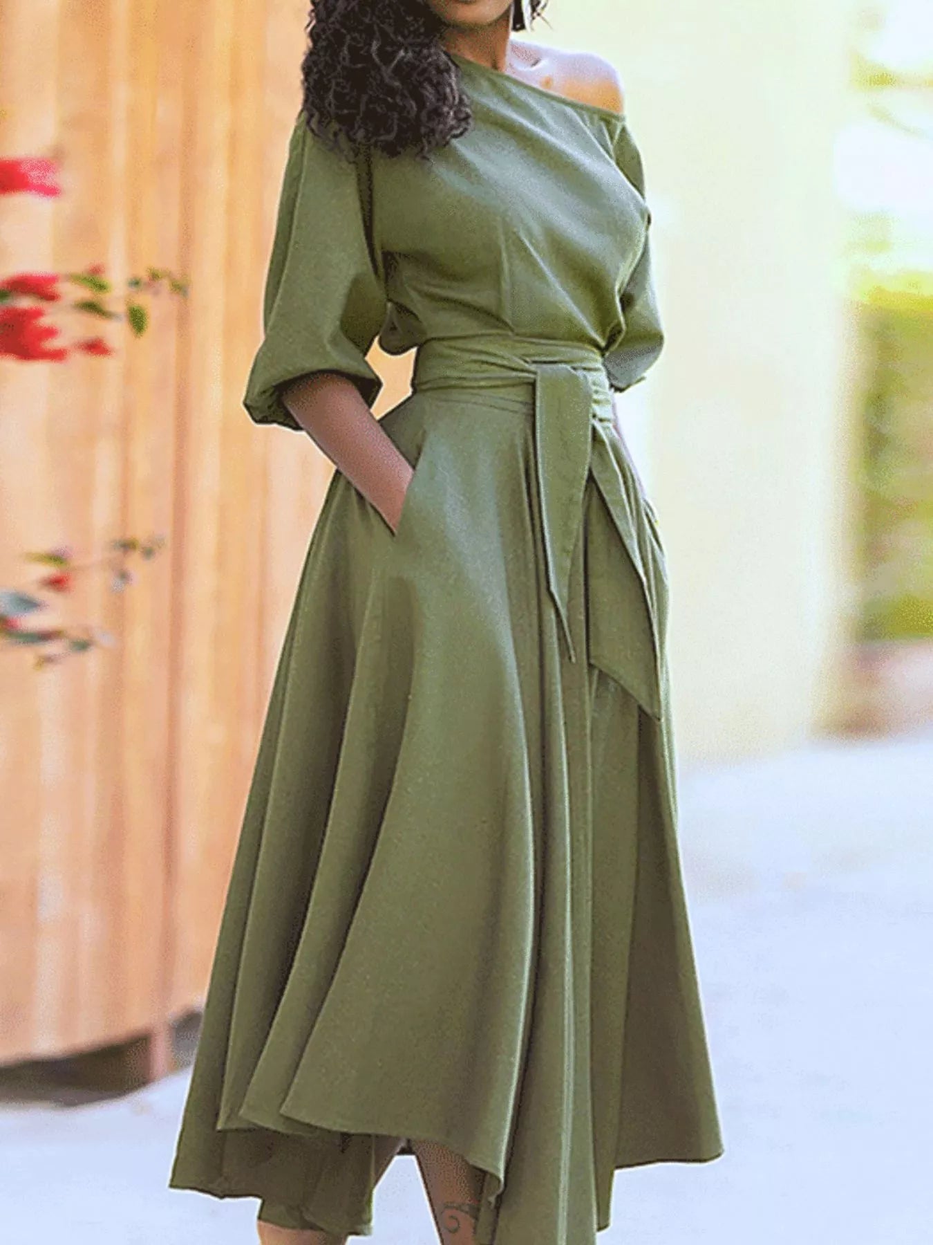Boat Neck Tie Waist Dress in olive green with belt and flowing skirt