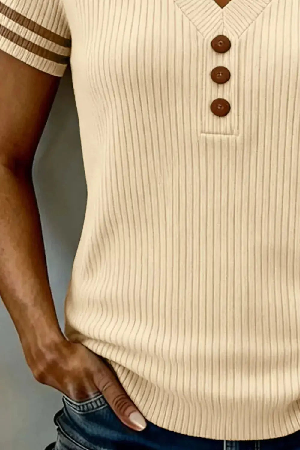 Ribbed V-Neck Knit Top in cream with brown decorative buttons and striped short sleeves