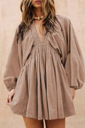 Smocked V-Neck Balloon Sleeve Dress in taupe by Belle Bijouix