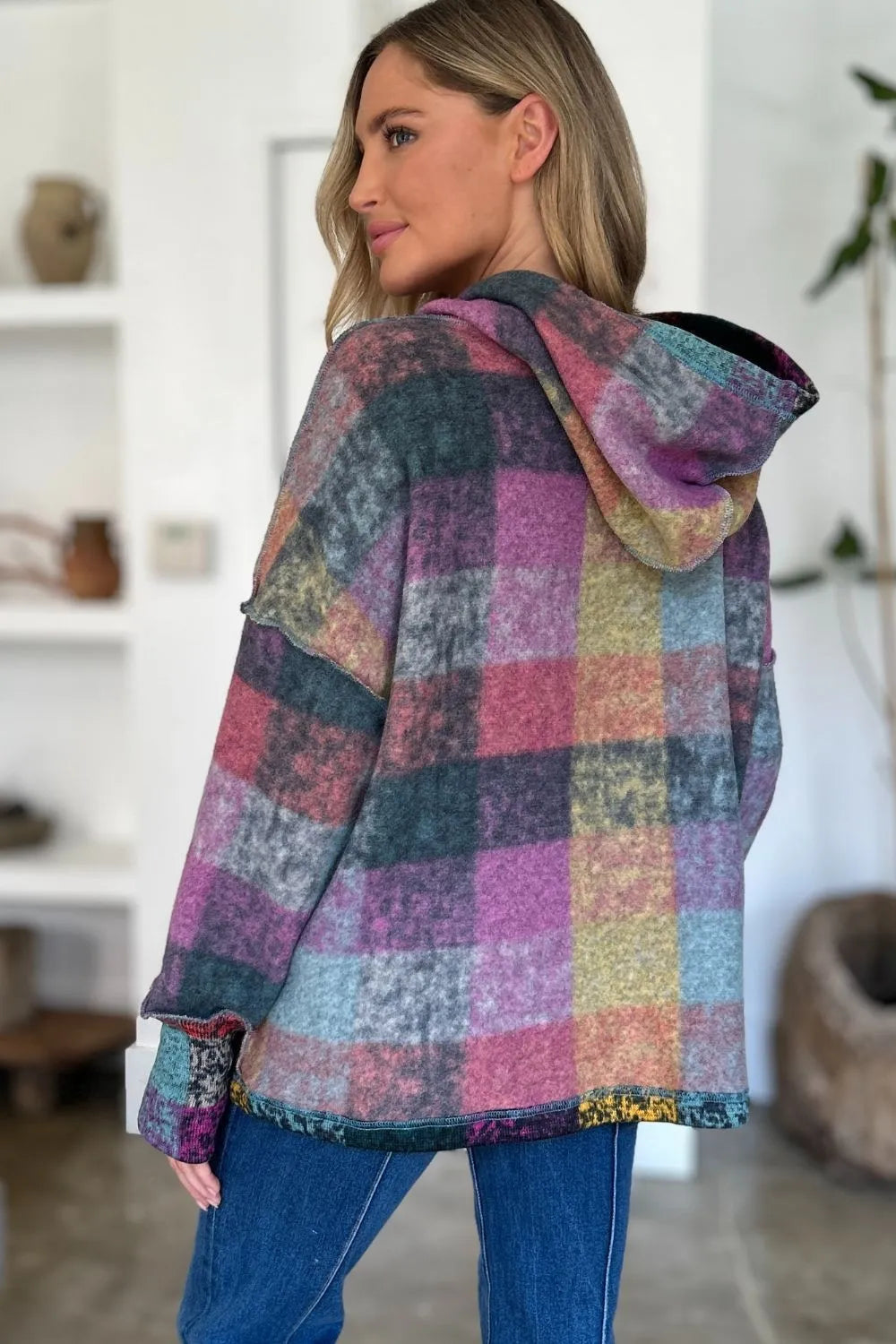 Double Take full size multicolor plaid fleece hoodie with a dropped-shoulder silhouette and hood
