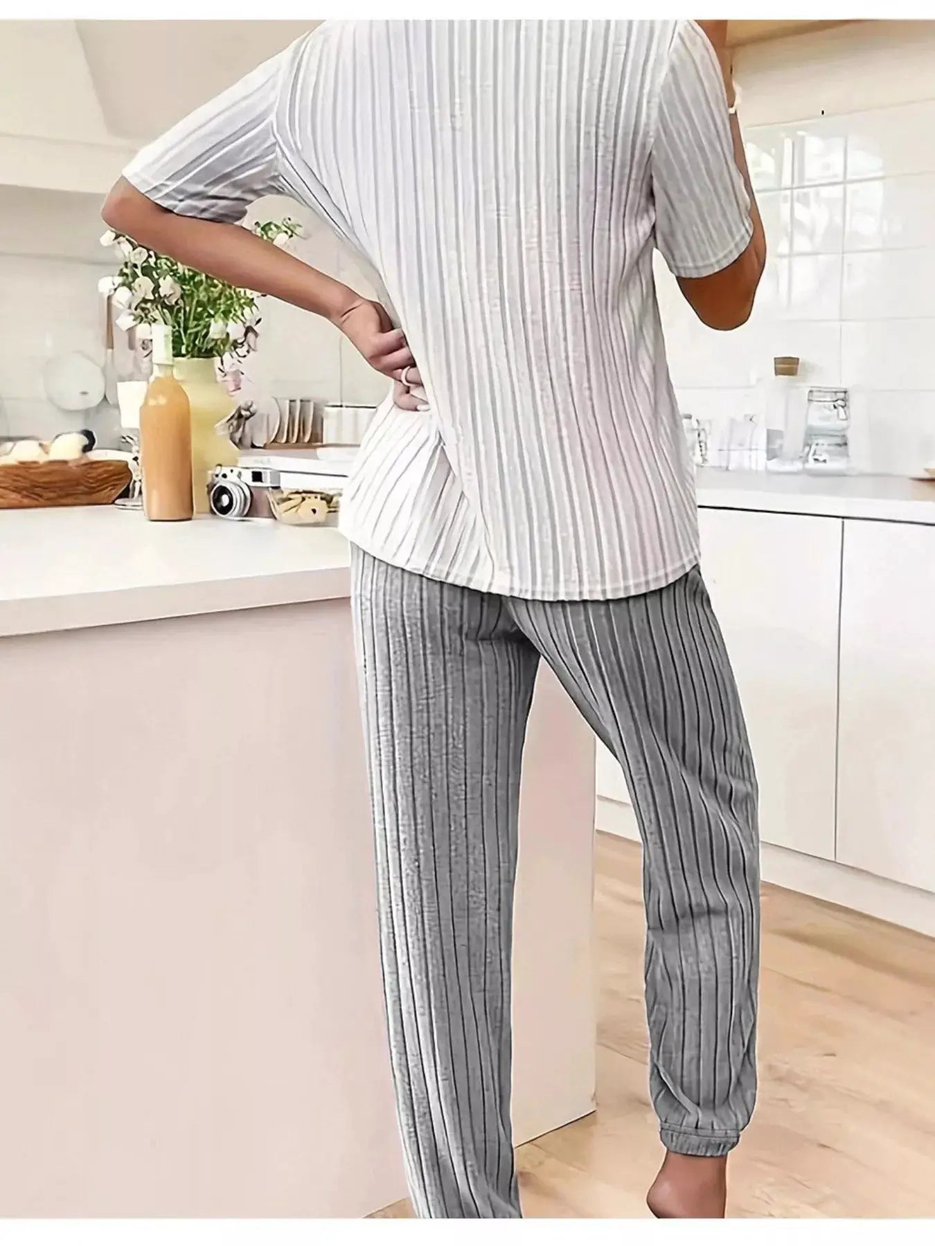 Heart Ribbed Knit Top and Pants Lounge Set by Belle Bijouix; two-piece gray striped active loungewear