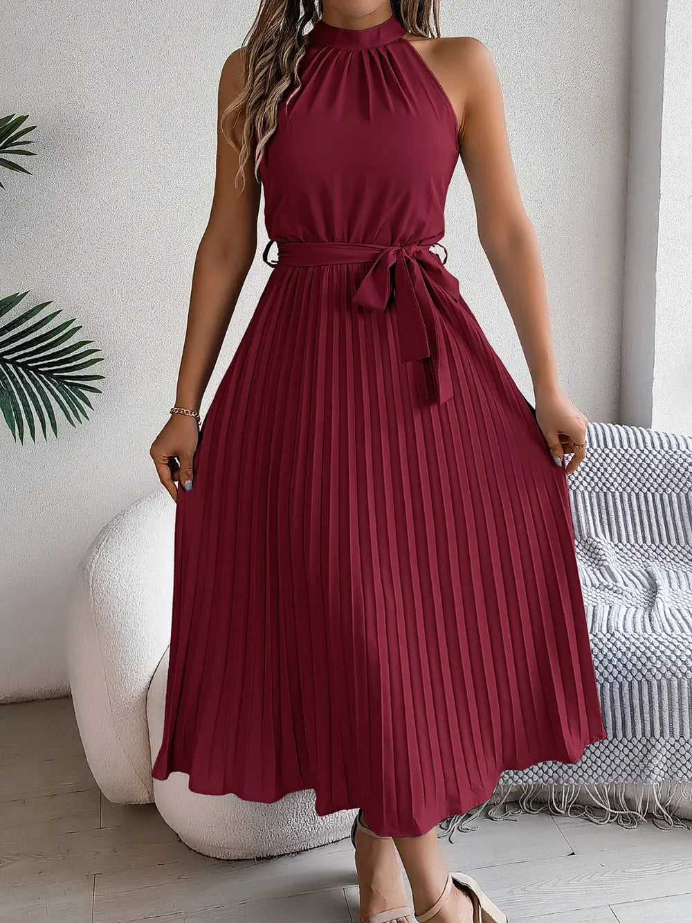 Pleated Tie Waist Sleeveless Midi Dress by Belle Bijouix in burgundy