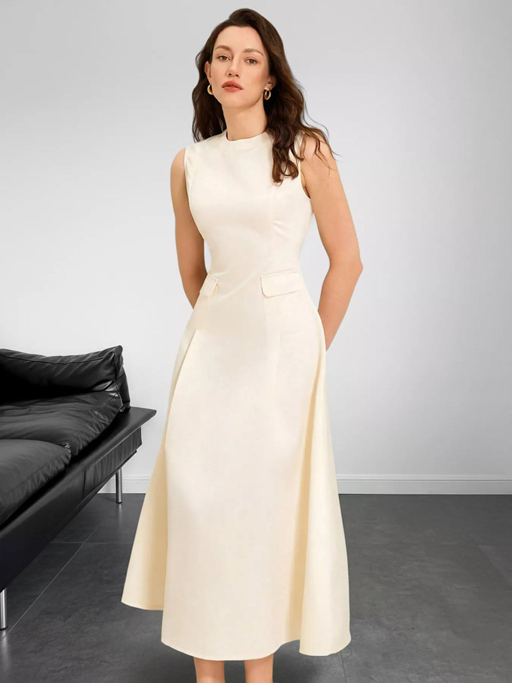 Sleeveless A-Line Midi Dress with Pockets in cream by Belle Bijouix
