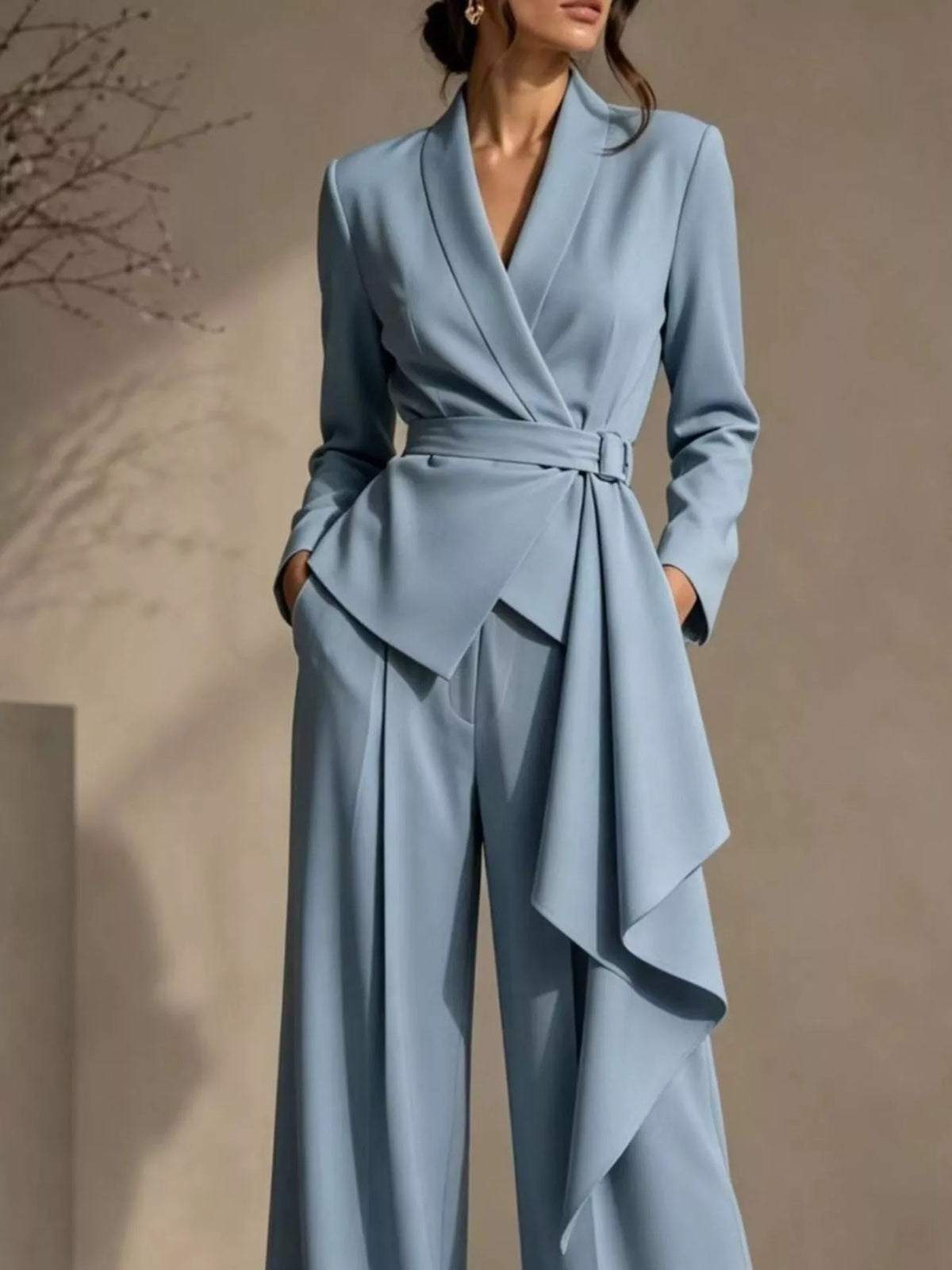 Belted Blazer and Wide-Leg Pants Set