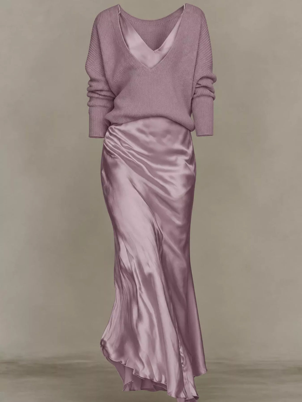 V-Neck Sweater & Satin Slip Maxi Dress Set in Purple by Belle Bijouix – view 32 of 41