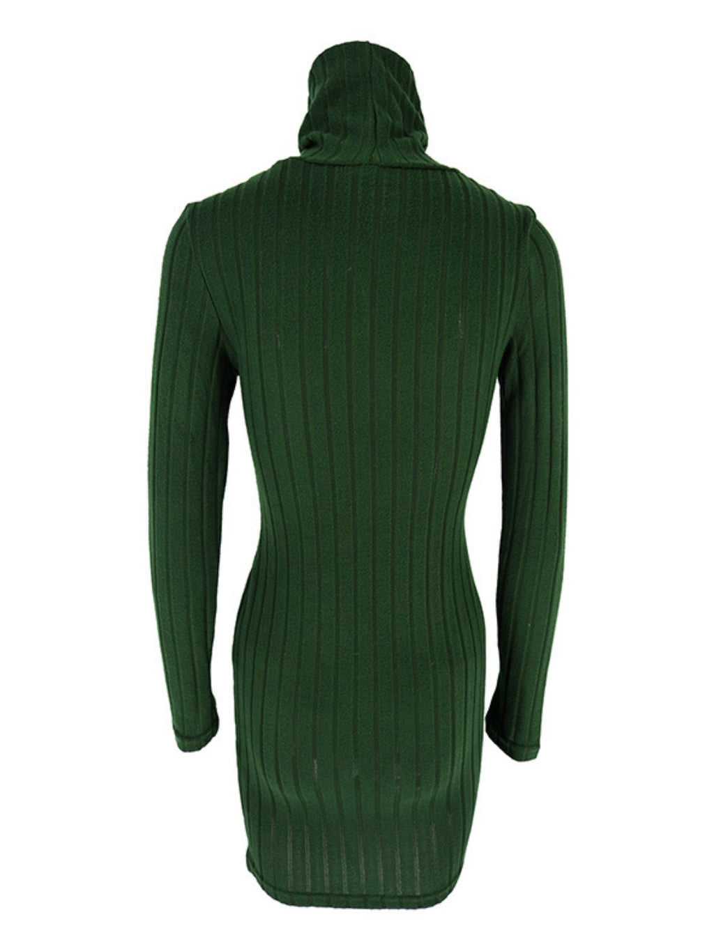 Turtleneck ribbed knit bodycon mini dress in emerald green back view