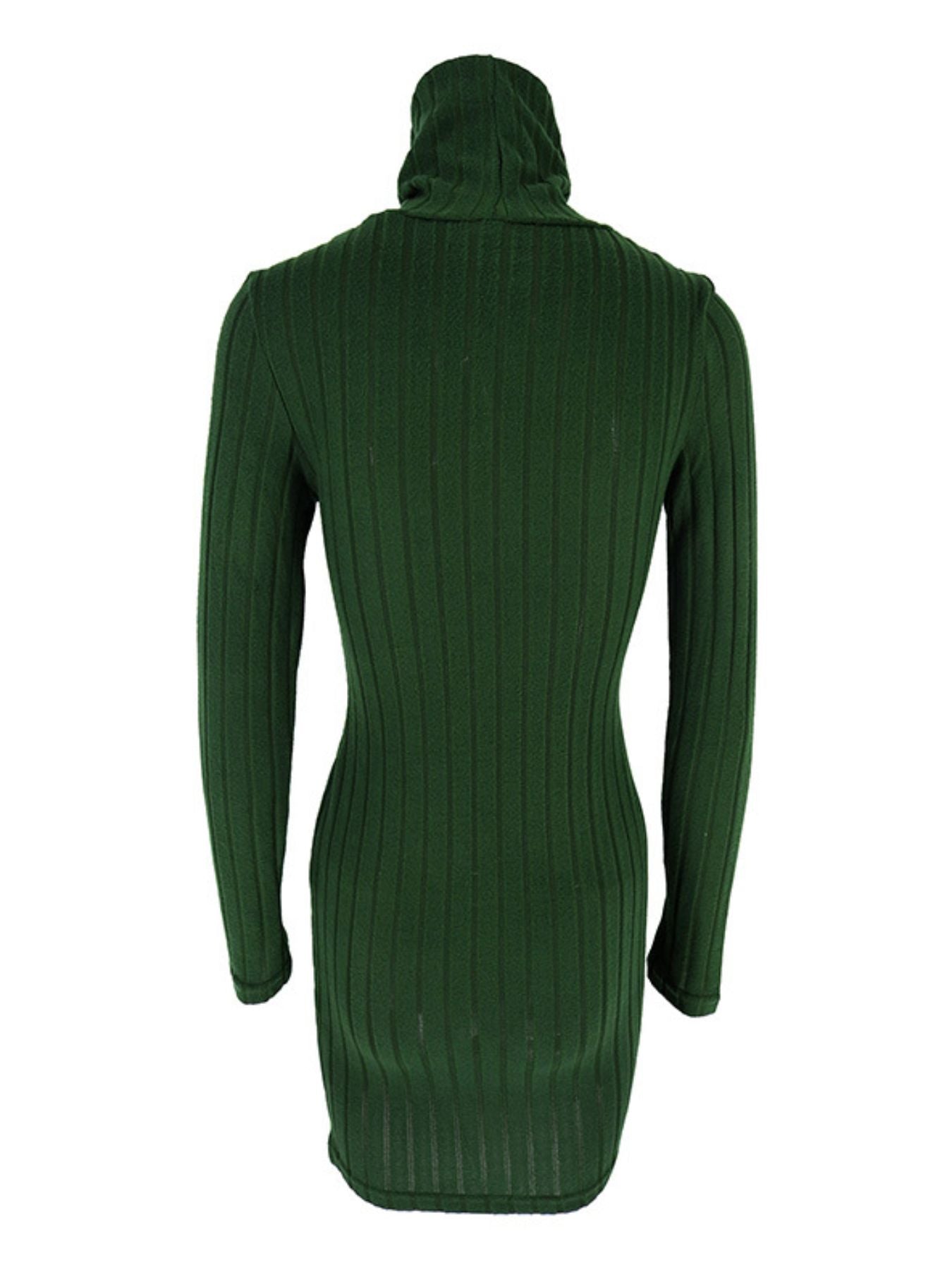 Turtleneck ribbed knit bodycon mini dress in emerald green back view