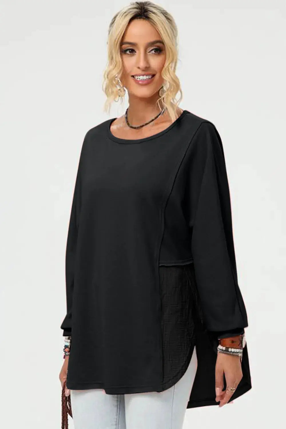 Double Take Full Size Long Sleeve High-Low T-Shirt, black oversized top with side slit