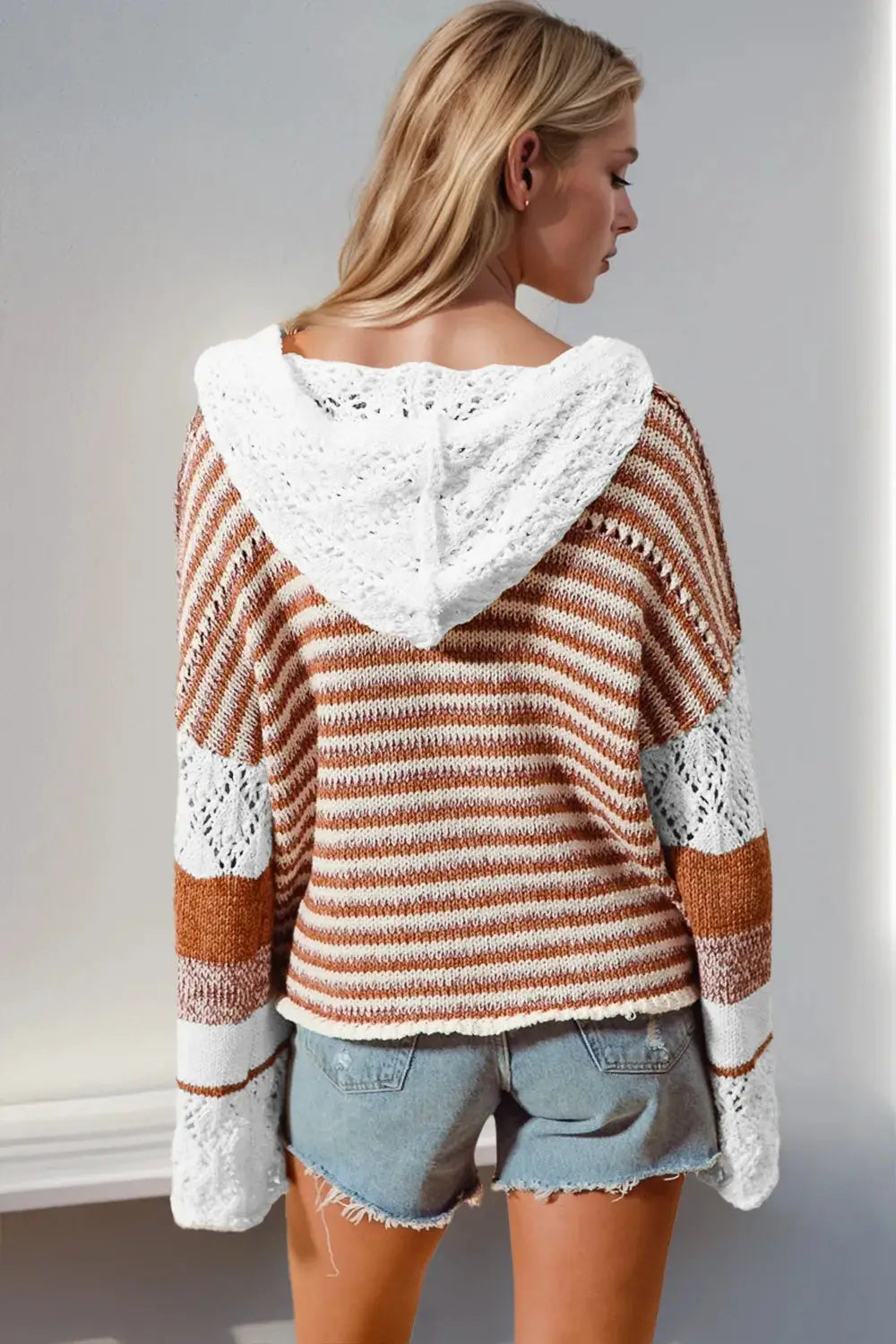 Double Take Full Size Openwork Contrast Long Sleeve Hooded Sweater in orange and white striped knit with white hood