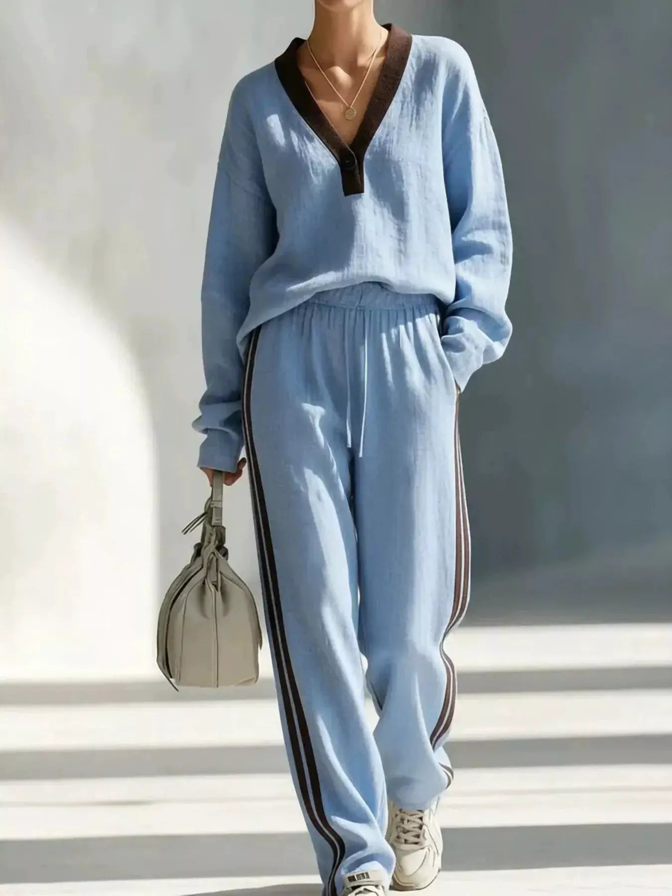 Contrast V-Neck Top and Striped Pants Set, two-piece in light blue with brown trim