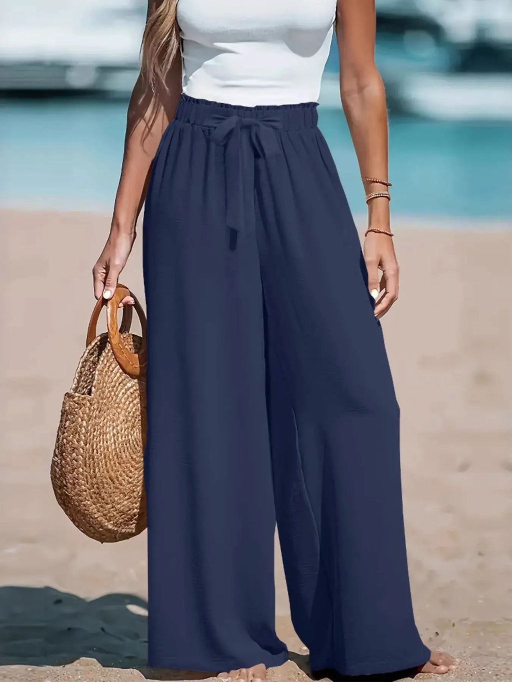 Full Size Drawstring Waist Wide Leg Pants, navy with tied waist.