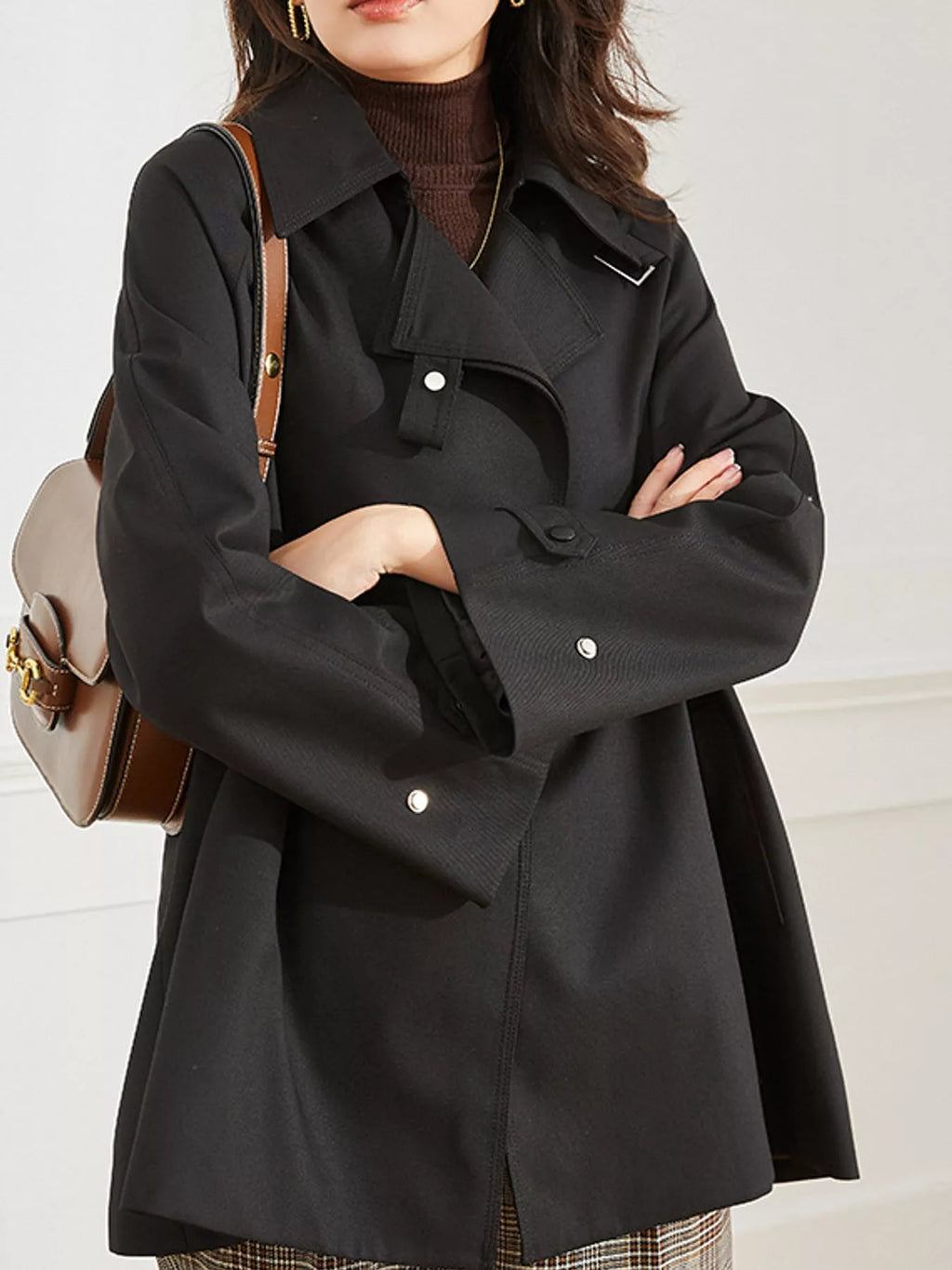 Double-Breasted Tie-Waist Short Trench Coat in Black by Belle Bijouix – view 11 of 20