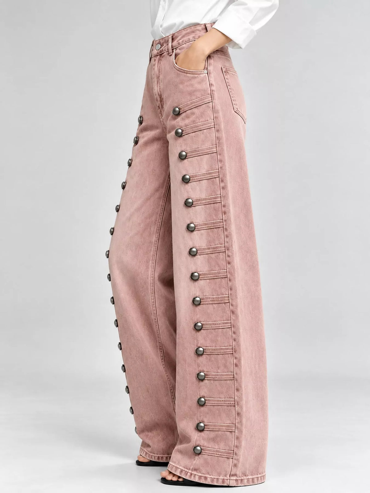 High-Waist Button Detail Wide-Leg Jeans in Pink by Belle Bijouix – side view
