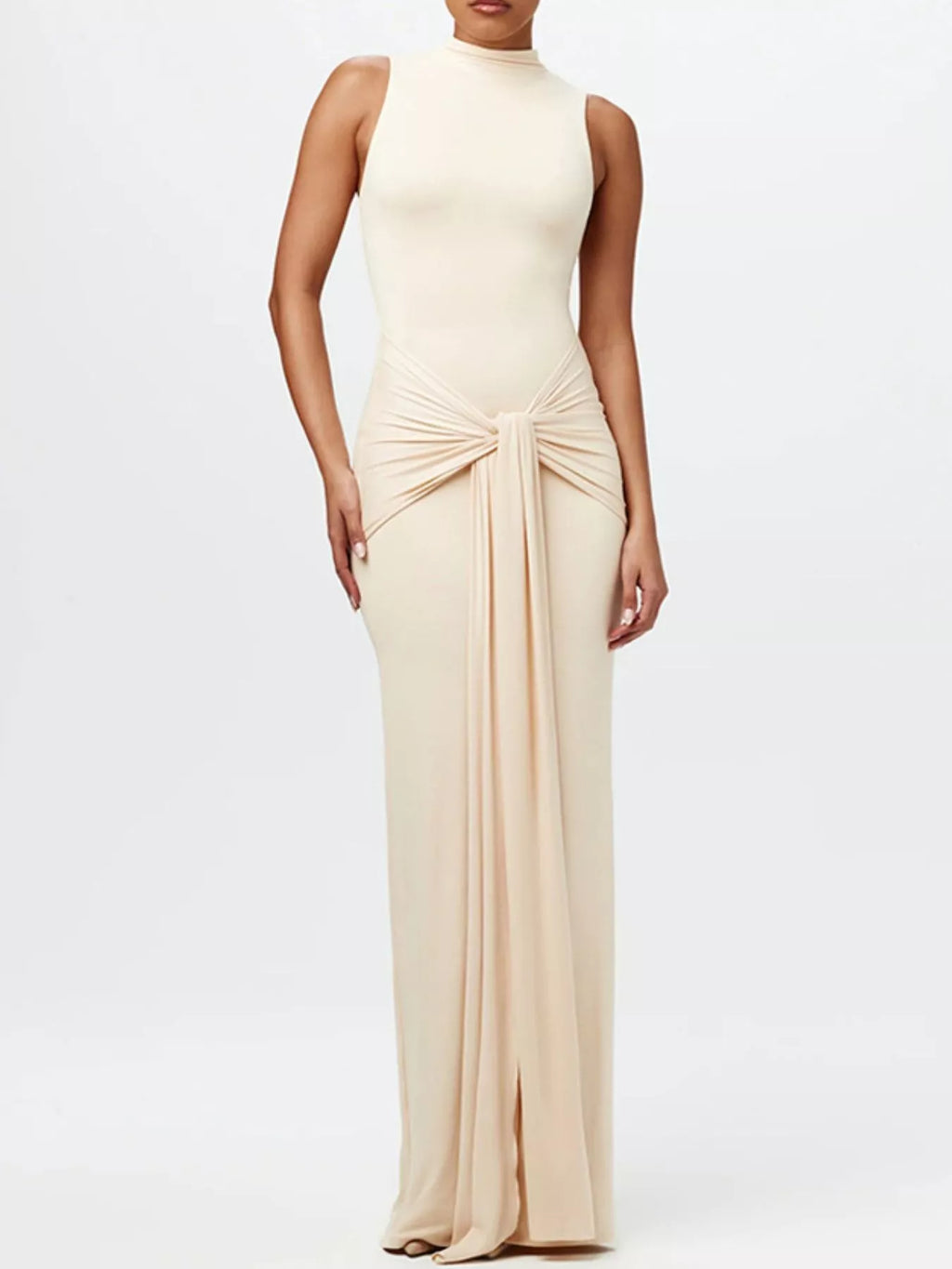 Sleeveless mock-neck knot-front maxi dress in cream-beige by Belle Bijouix