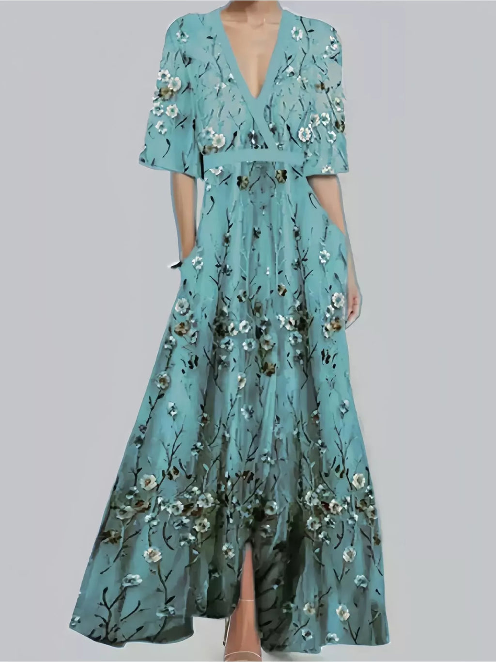 Floral print half-sleeve maxi dress with pockets in teal by Trendsi