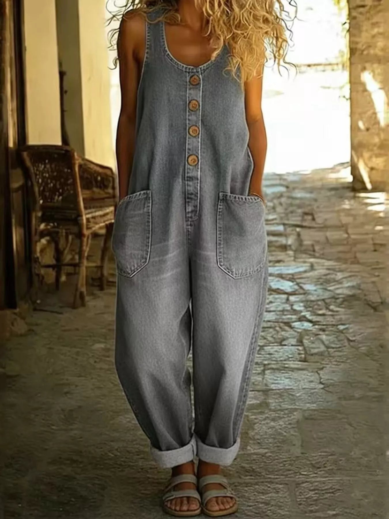Plus-size denim jumpsuit with wide straps and button front, light blue by Trendsi