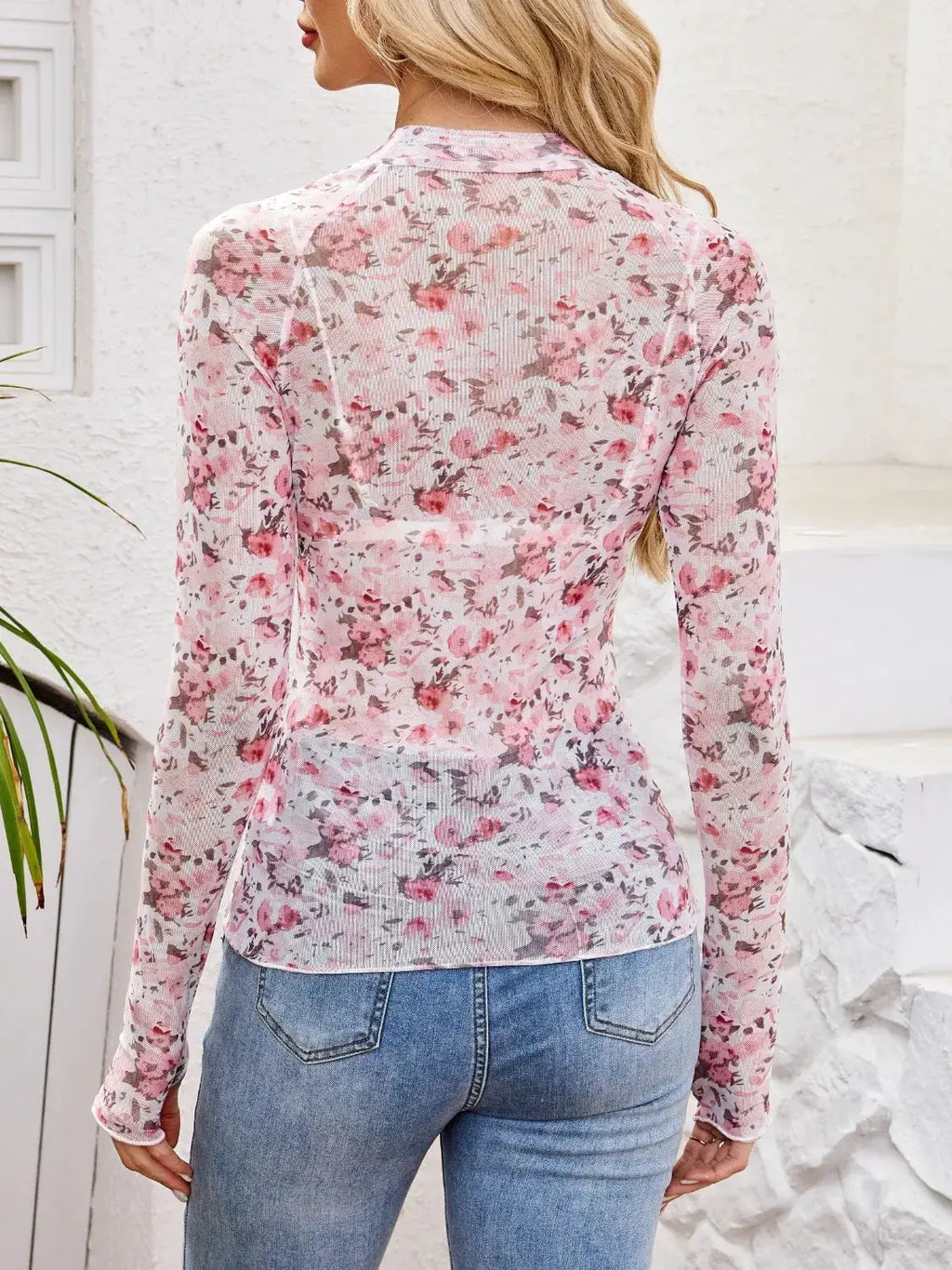 Floral mock-neck long-sleeve top in pink sheer knit with pink floral print