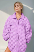 Double Take Button Up Fuzzy Checkered Shacket in lavender with pockets and buttoned front