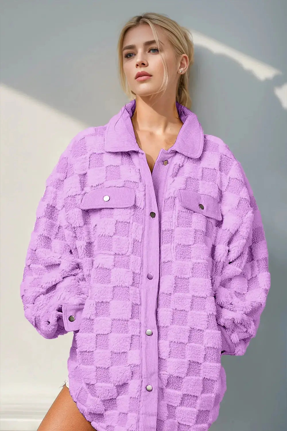 Double Take Button Up Fuzzy Checkered Shacket in lavender with pockets and buttoned front
