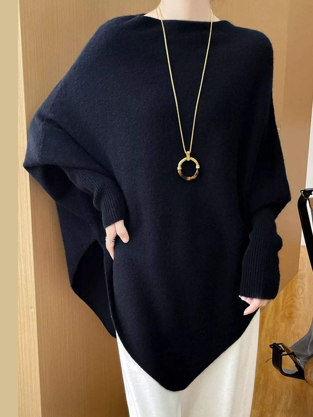 Oversized Asymmetric Wool Batwing Sweater in Black by Belle Bijouix – view 21 of 24