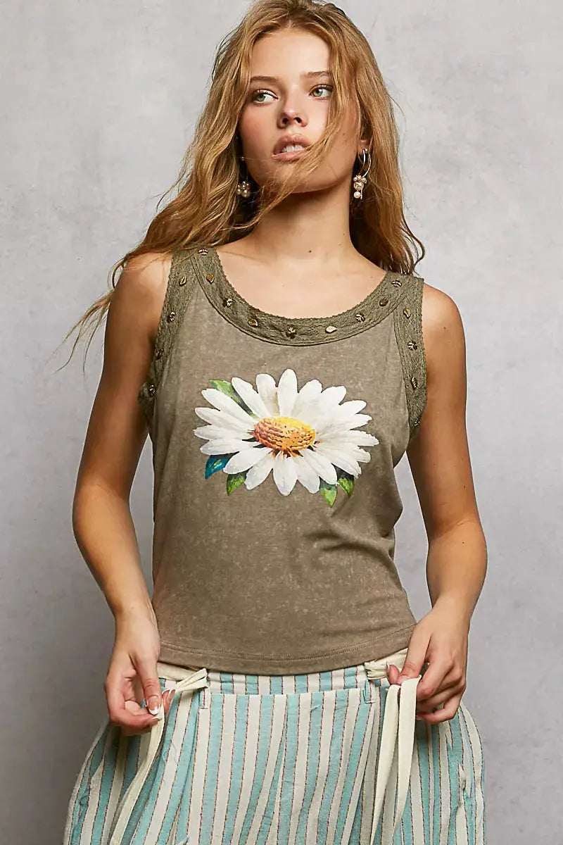 POL Washed Floral Stud Round Neck Slim Tank by Belle Bijouix in olive with white daisy print