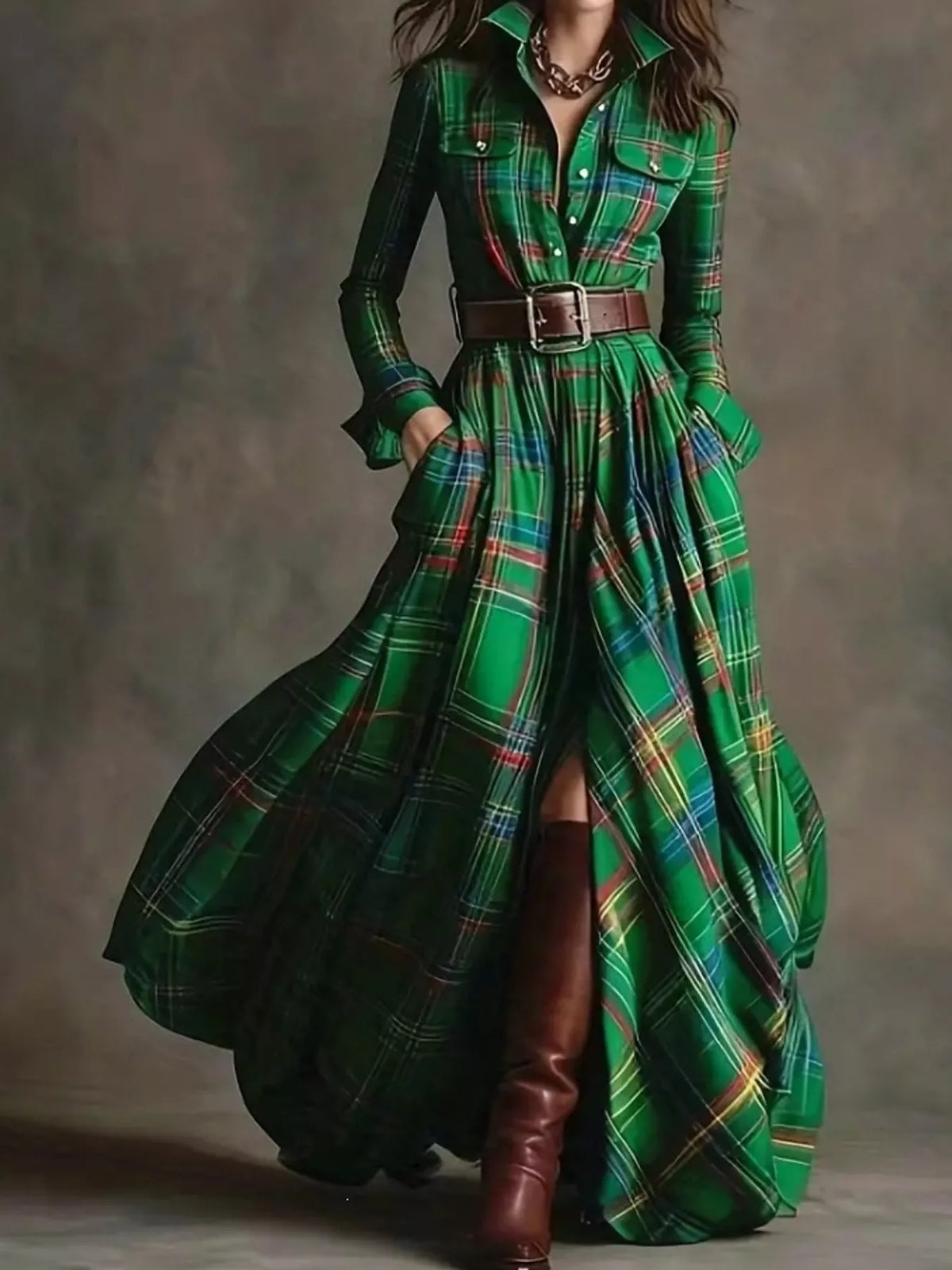 Belted Plaid Button-Down Maxi Shirt Dress in Christmas Green Plaid by Belle Bijouix – view 22 of 27
