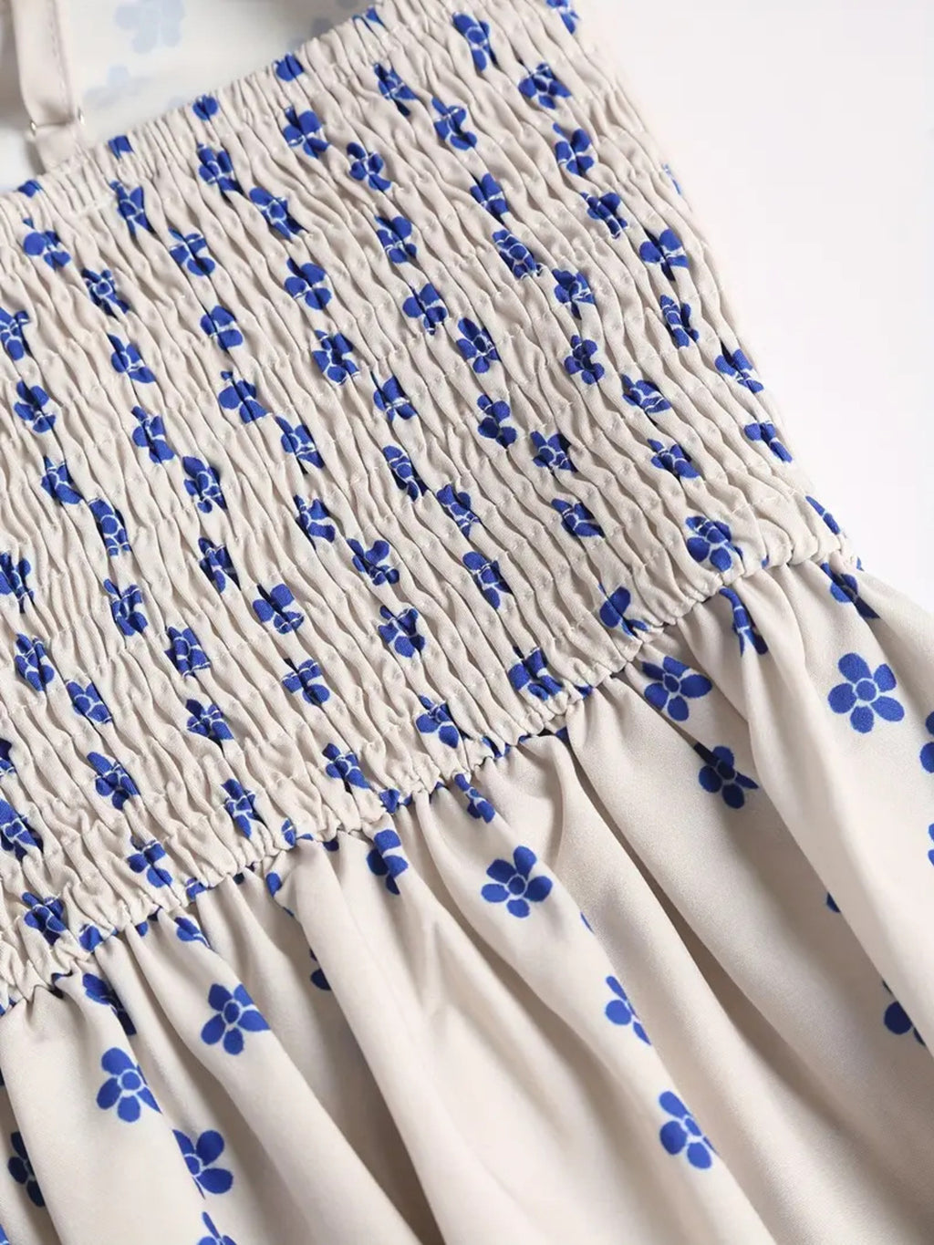 Sardine Print Spaghetti Strap Midi Dress, cream fabric with blue print and smocked bodice