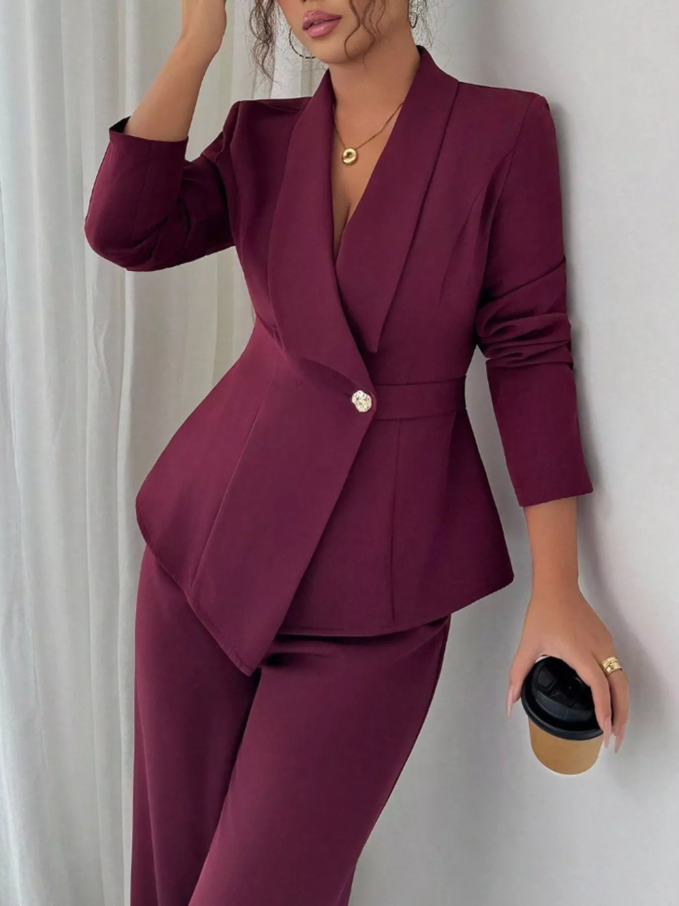 One Button Blazer and Pants Set in burgundy with gold-tone button; tailored pant suit with pockets