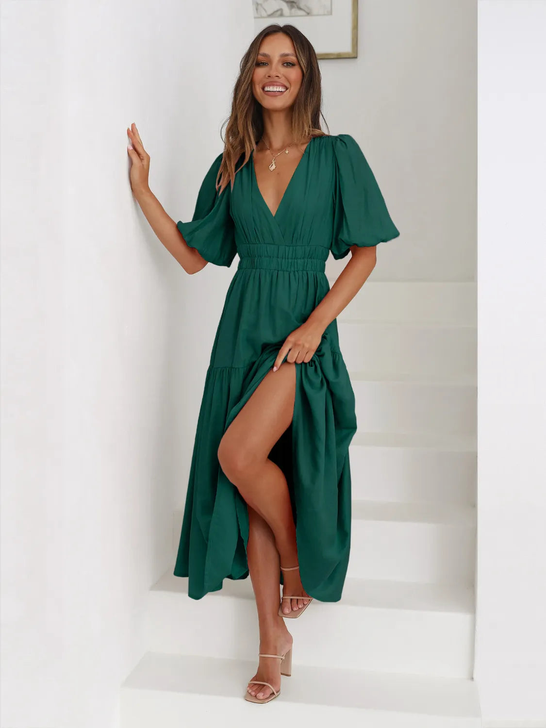 Belle Bijouix Tiered Surplice Midi Dress in emerald green with puff sleeves, smocked waist, and a thigh-high slit.